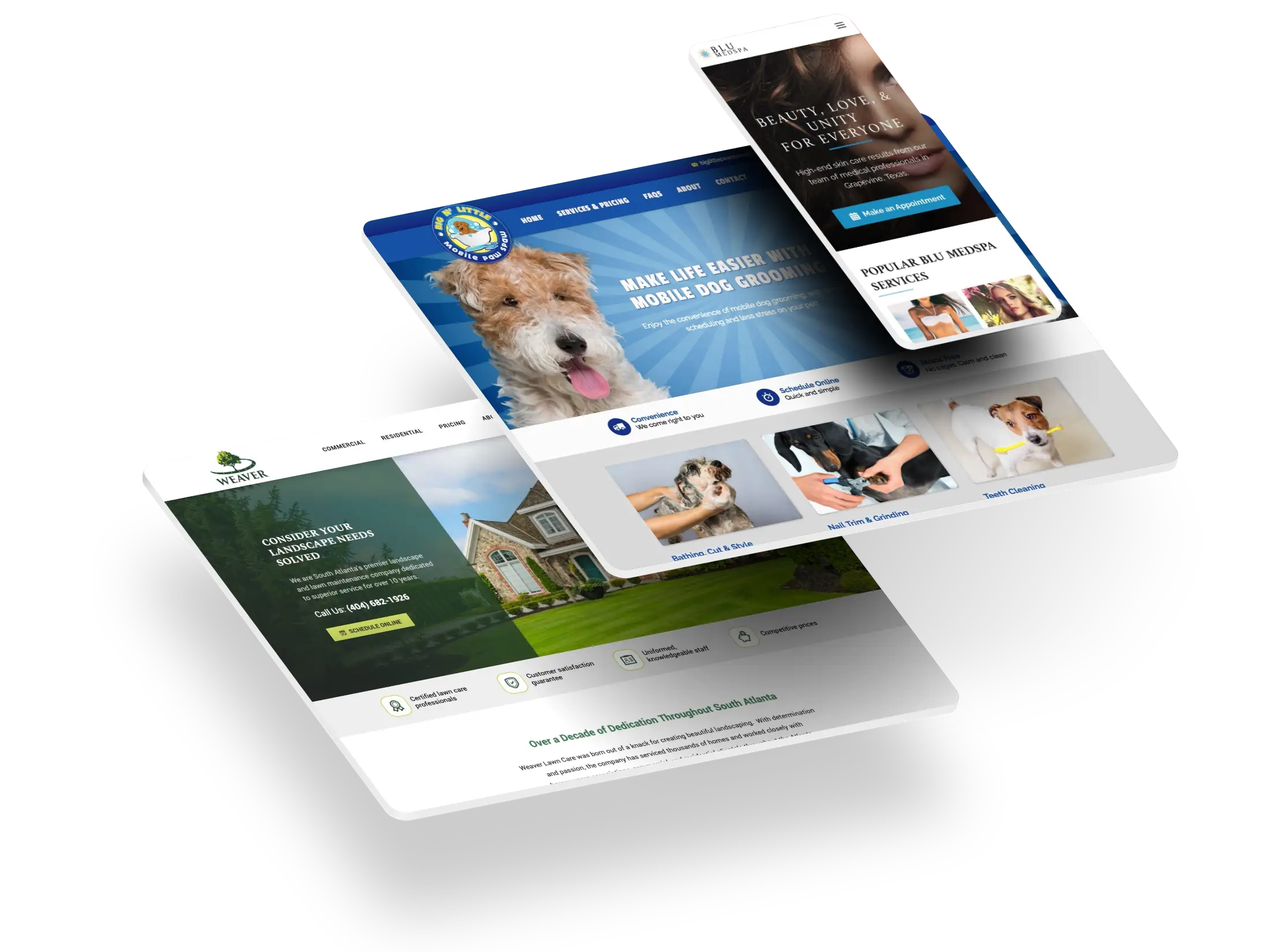 A composite image showcasing three Cemah website design layouts for different businesses: a landscaping company, a mobile dog grooming service, and a medical spa.