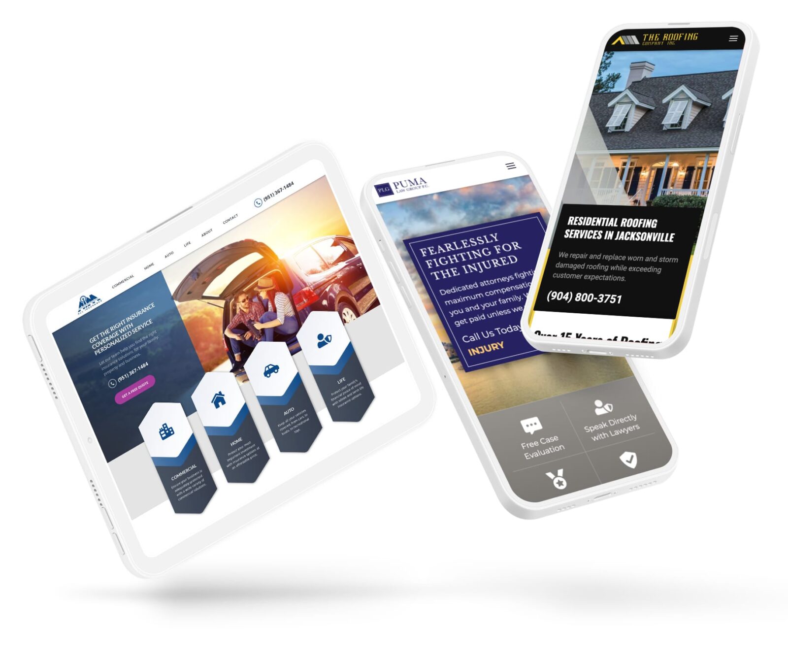 A digital mockup showing three mobile devices—a tablet and two smartphones—angled together, displaying professional websites across various industries designed by Cemah.