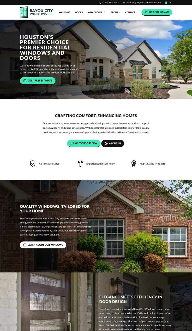 desktop screenshot of bayoucitywindows.com homepage layout