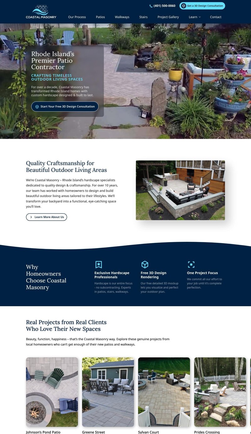 desktop screenshot of coastalmasonryri.com homepage layout