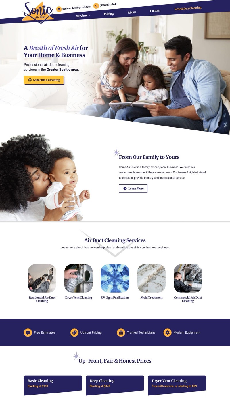 desktop screenshot of sonicairduct.com homepage layout