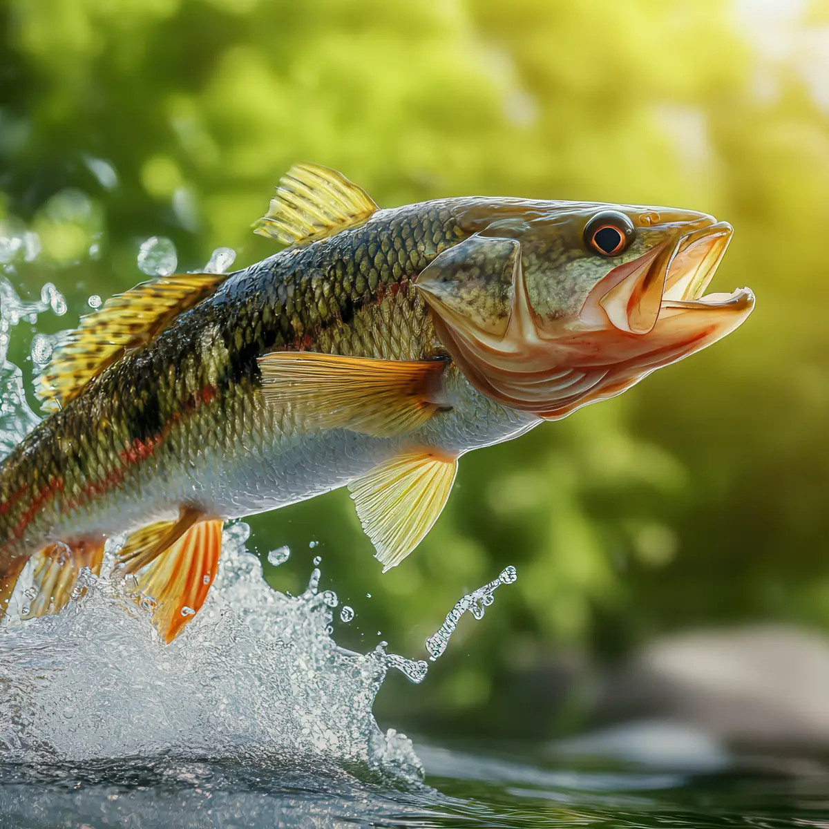A large game fish leaps dramatically out of the water, mouth open, creating a splash against a bright, sunlit green background.