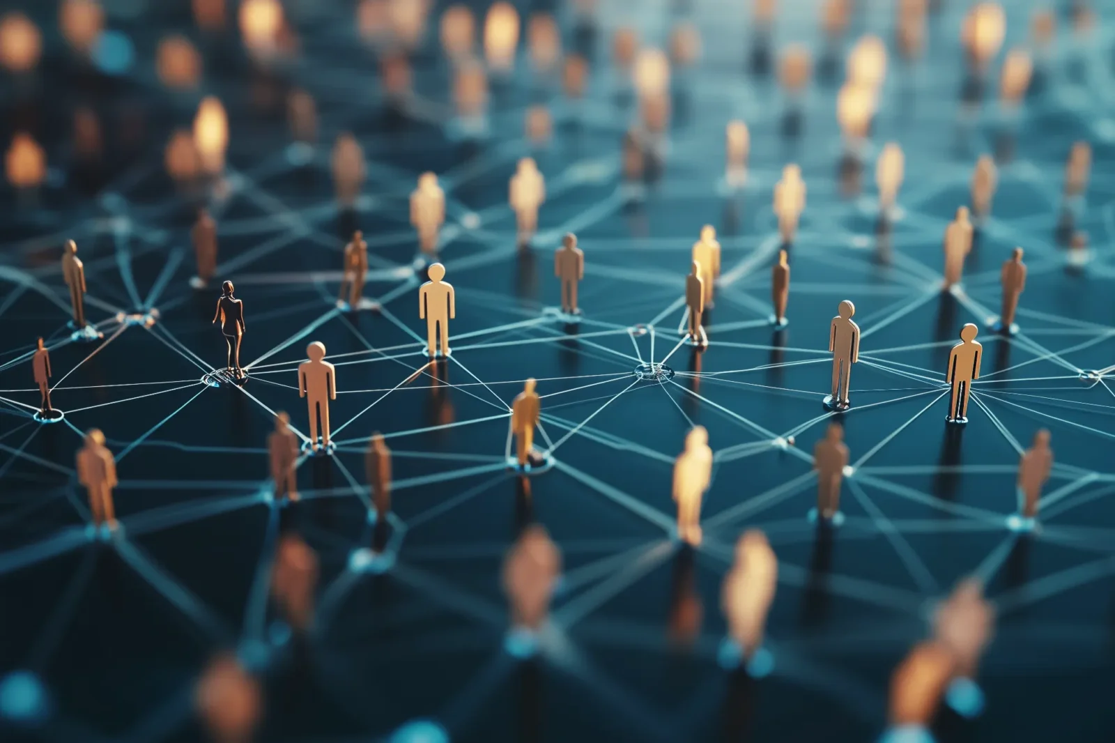 Dozens of small, gold figures stand on a dark surface, each connected by glowing blue lines, creating an abstract representation of a social or business network.