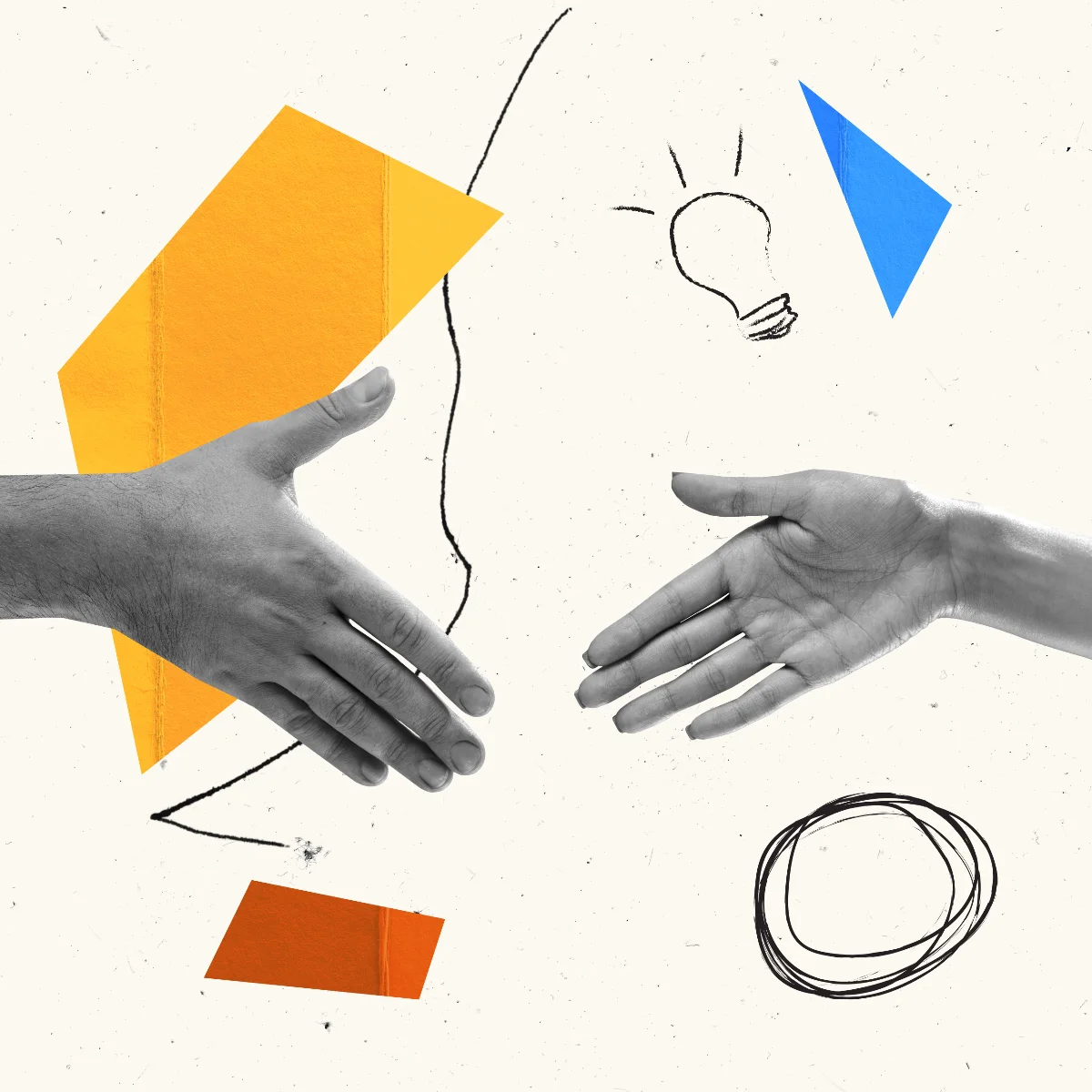 A conceptual collage featuring two grayscale hands reaching for a handshake, surrounded by abstract colored shapes and a sketched lightbulb representing ideas.
