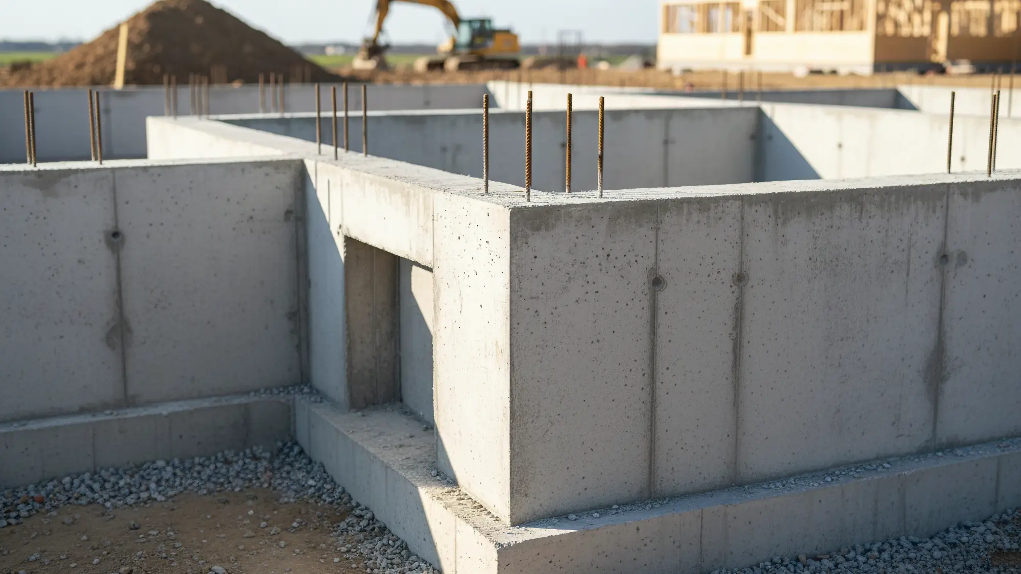 A close view of a new residential concrete foundation with steel rebar extending from the top edge. Construction equipment and wood framing are visible in the distance.