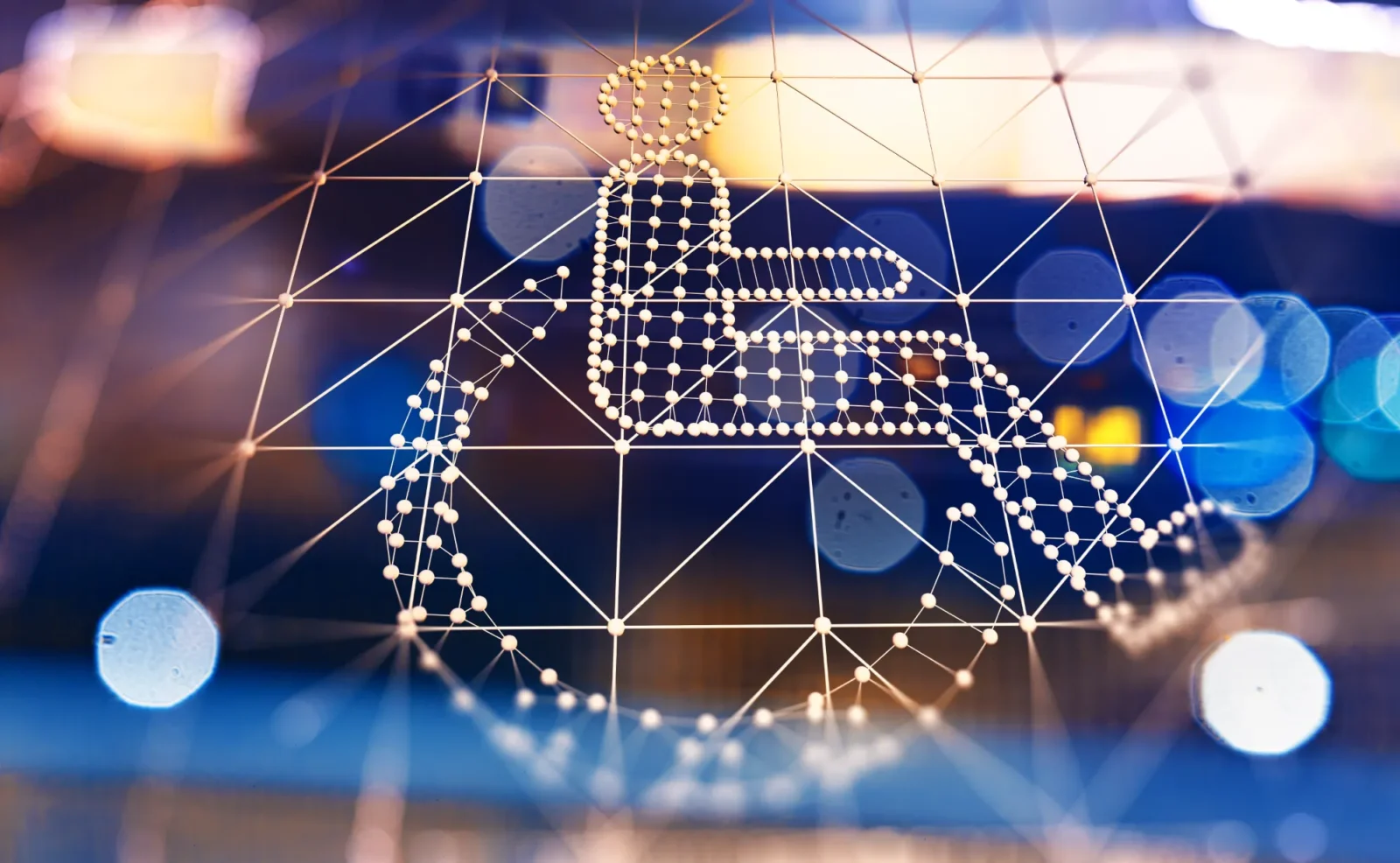 The International Symbol of Access, rendered as a wireframe of white connected nodes, overlaid on an abstract digital background in shades of blue and orange.