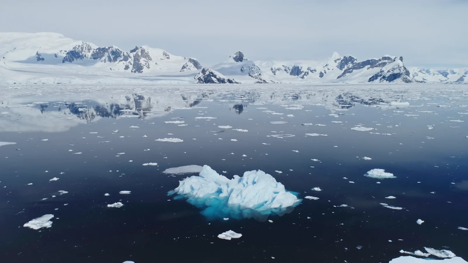 An Antarctic scene showing dark water dotted with sea ice and a central turquoise iceberg. Snow-covered, jagged peaks reflect on the calm surface.