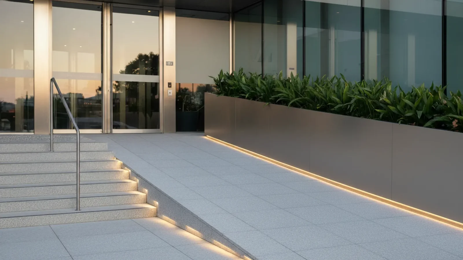 A modern, accessible building entrance featuring stone stairs and an adjacent wheelchair ramp, both subtly lit by embedded warm LED strips. A metal railing is visible next to the stairs.