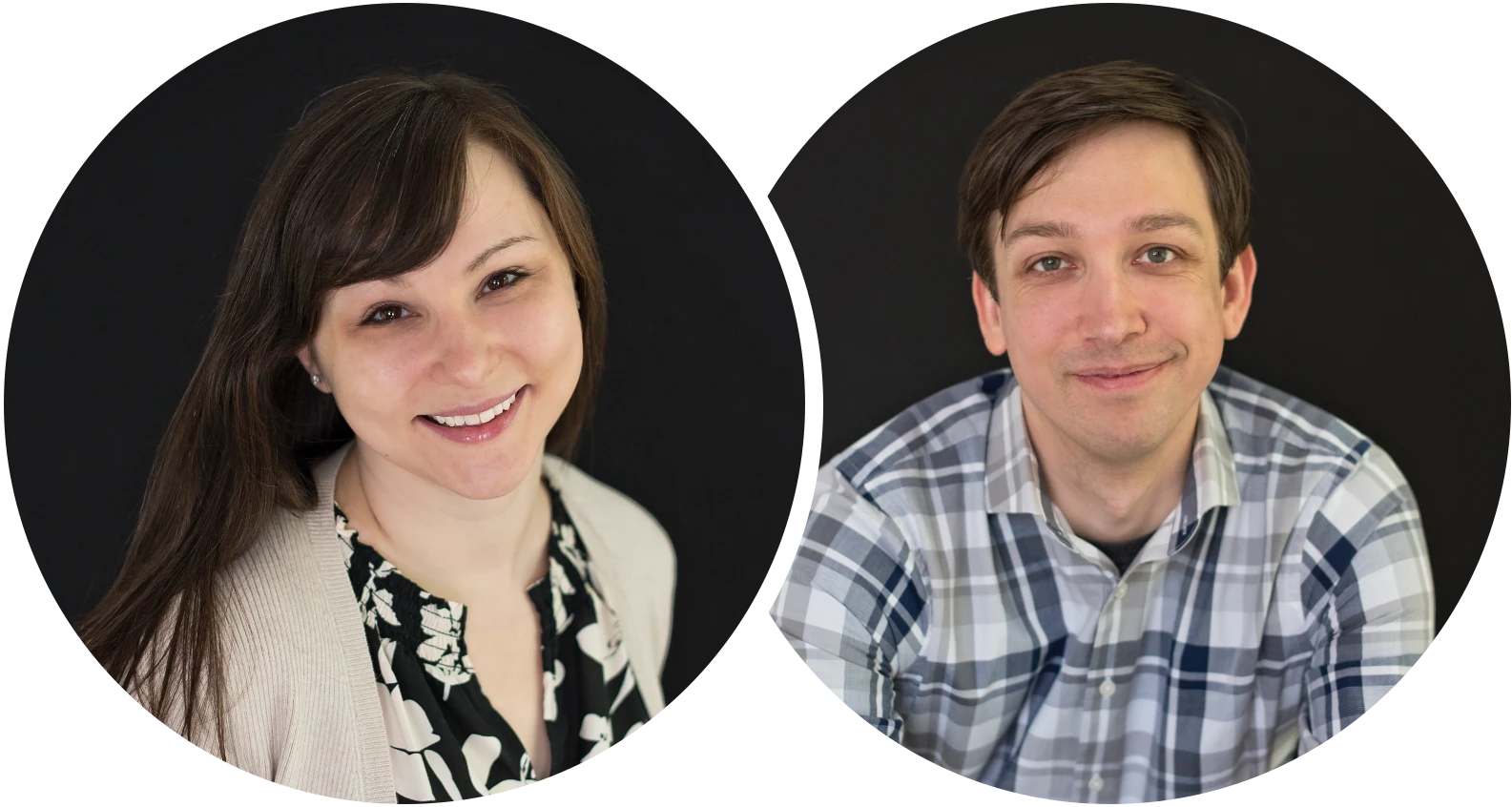 Headshots of Sara and Chris smiling. Sara wears a cream cardigan and Chris wears a blue plaid shirt.