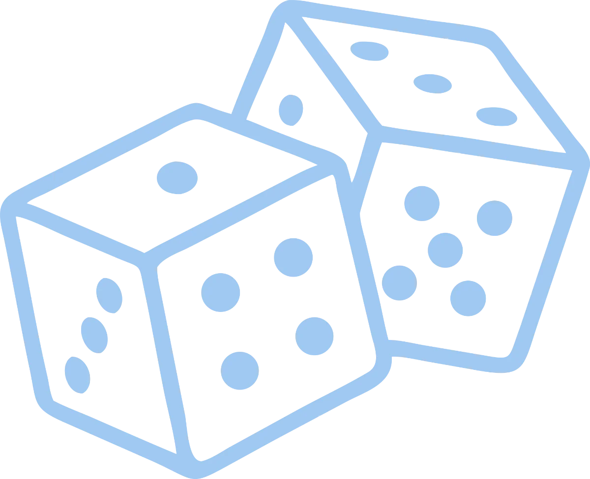 A line art illustration featuring two dice. The dice are outlined in light blue with matching pips.