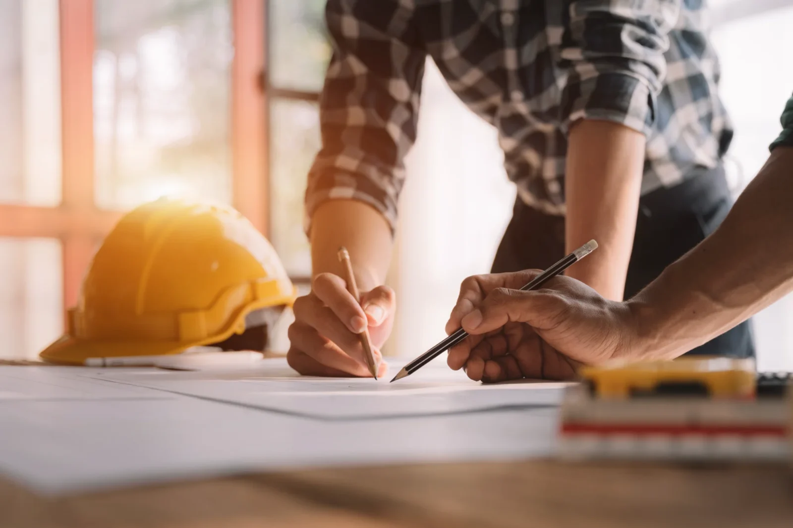 Two people, one wearing a plaid shirt, intently use pencils to mark technical plans spread on a desk, next to a bright yellow hard hat.