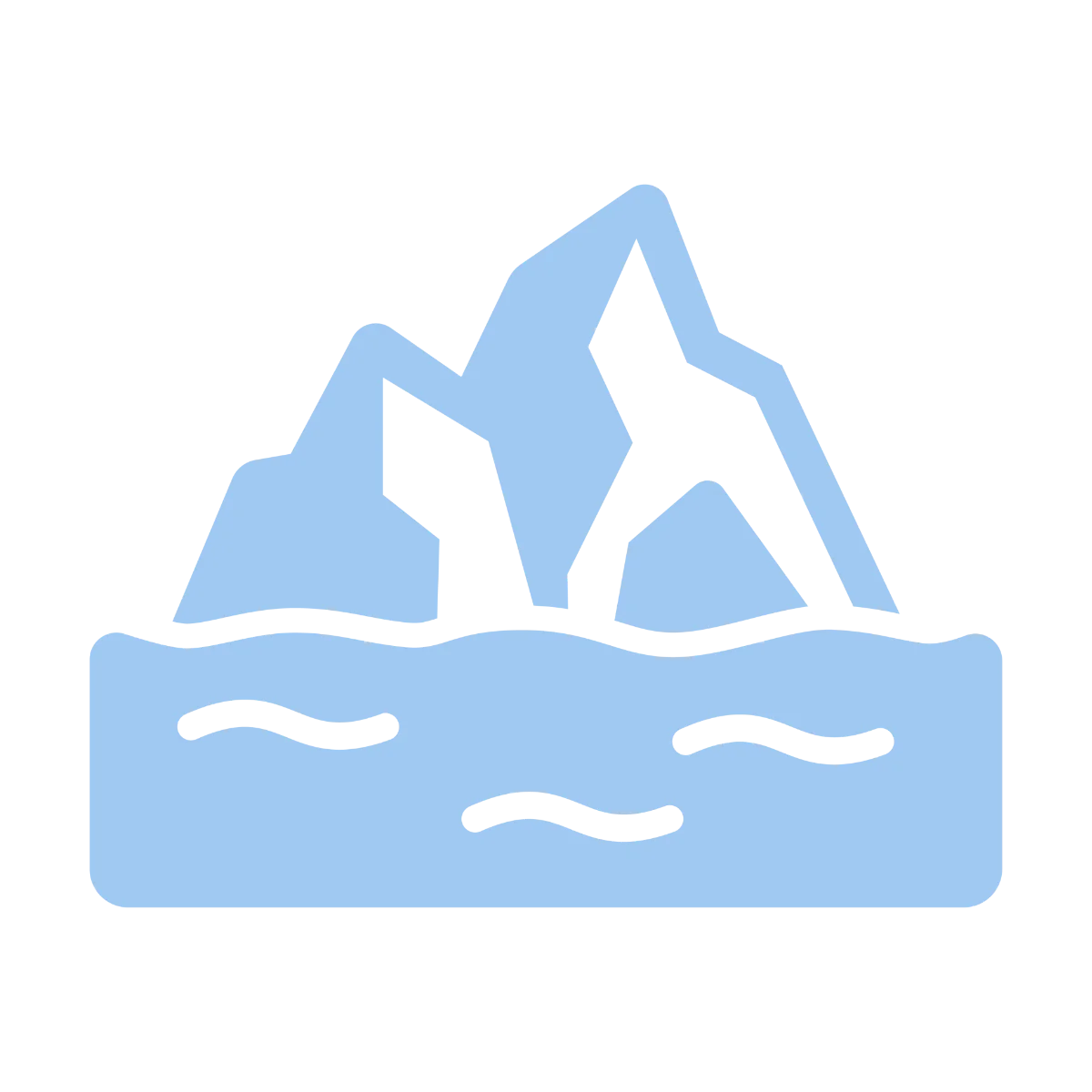 A simple graphic of a light blue iceberg with jagged peaks floating in the water.