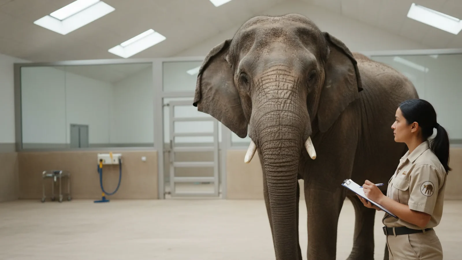 A person in a khaki uniform takes notes on a clipboard next to a large elephant inside a modern, clean animal care facility.