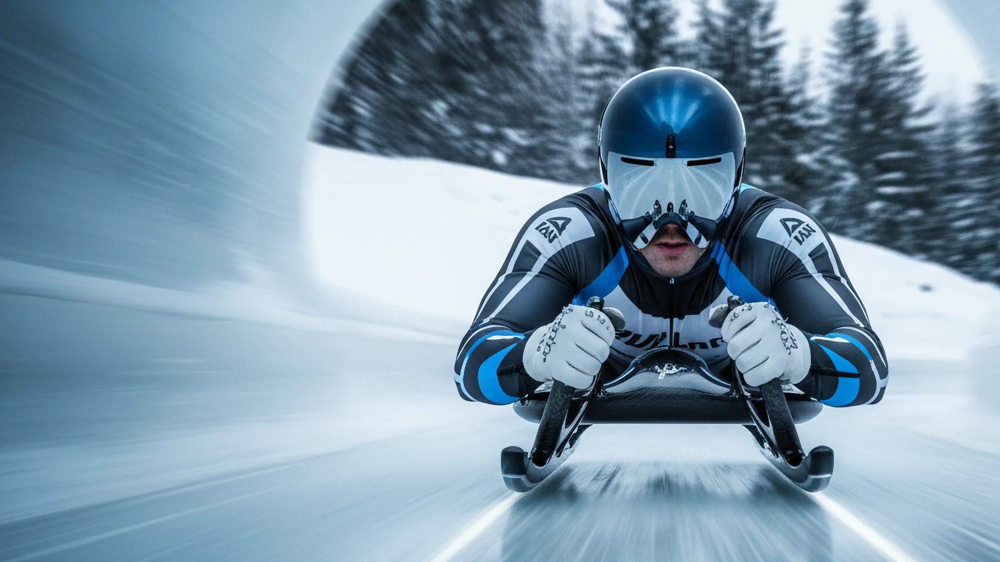 A luge athlete in a black and blue racing suit and aerodynamic helmet slides prone down an icy track, hands gripping the sled handles at high speed.