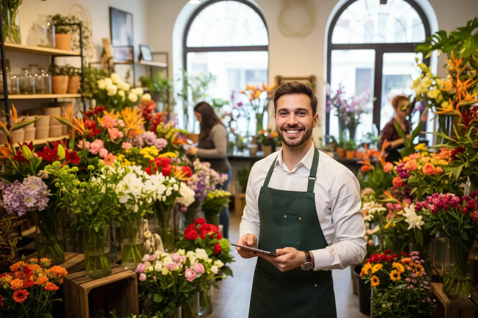 A male florist in a green apron smiles and holds a tablet inside his shop filled with vibrant arrangements of roses, lilies, and tropical flowers.