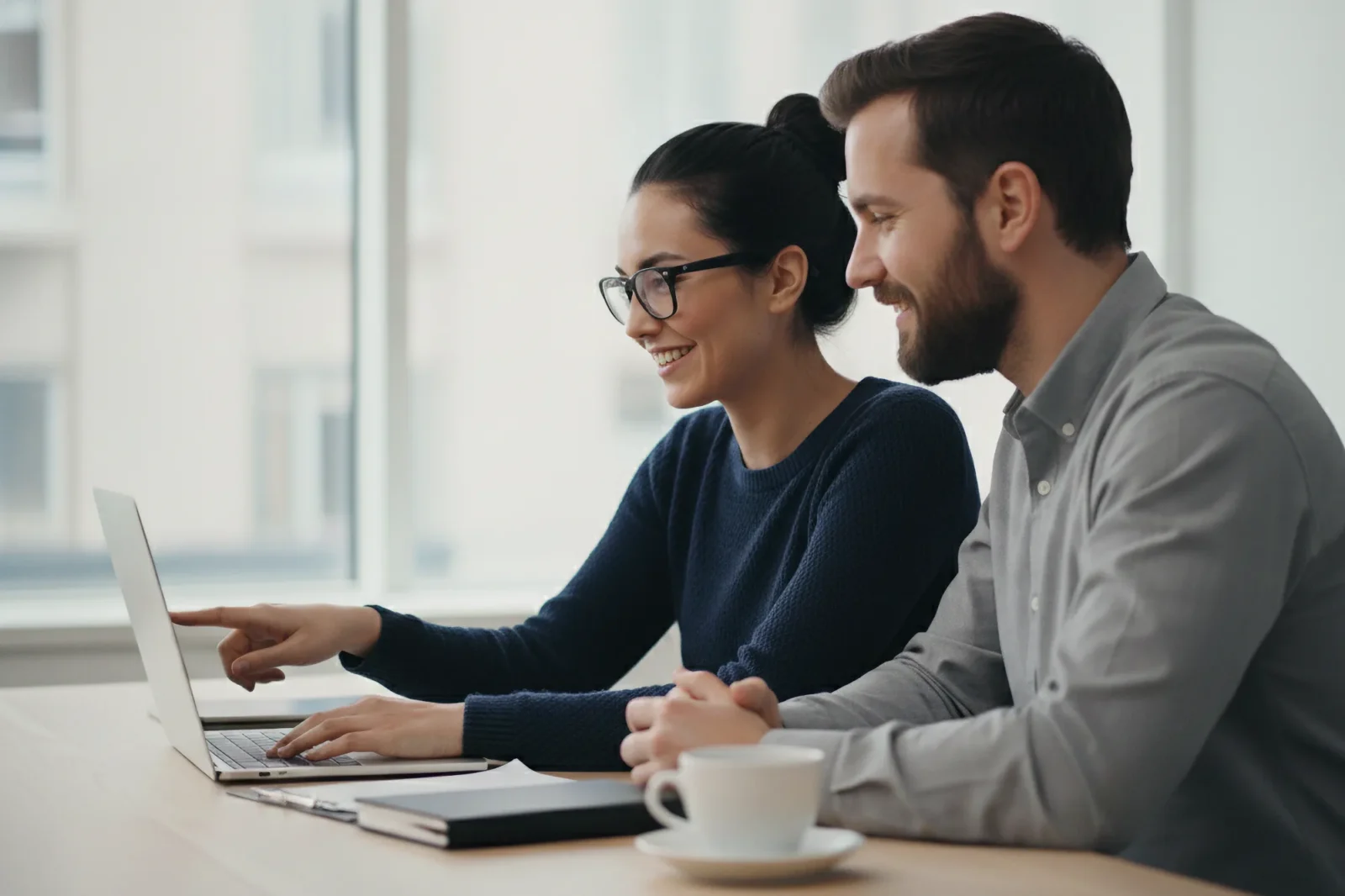 Two smiling people collaborate at a desk, looking at a laptop. A woman wearing glasses points to the screen while a bearded man watches intently.