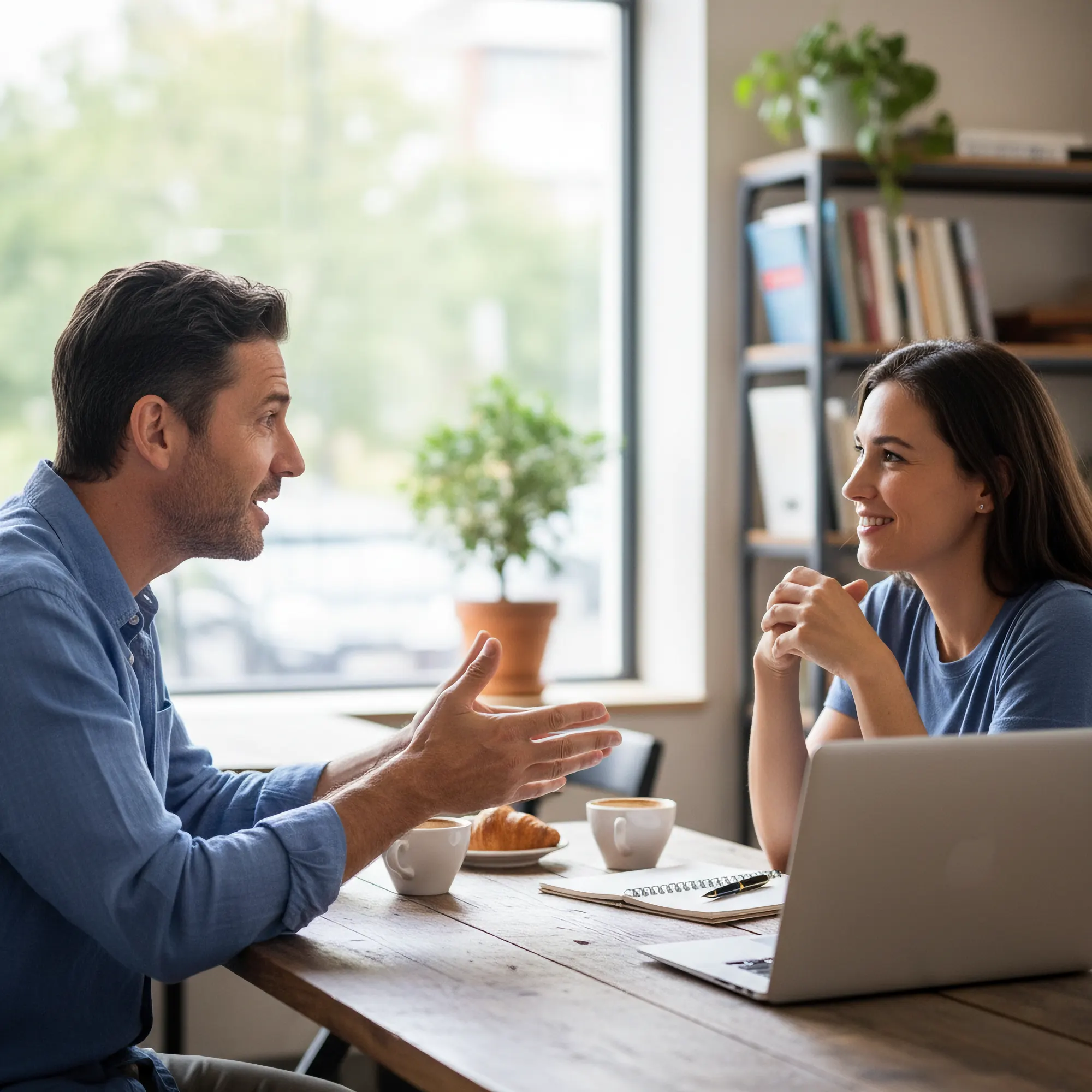A man in a blue shirt enthusiastically talks and gestures across a table to a woman who is smiling and listening intently. Cups of coffee, a croissant, and a laptop are on the wooden table.
