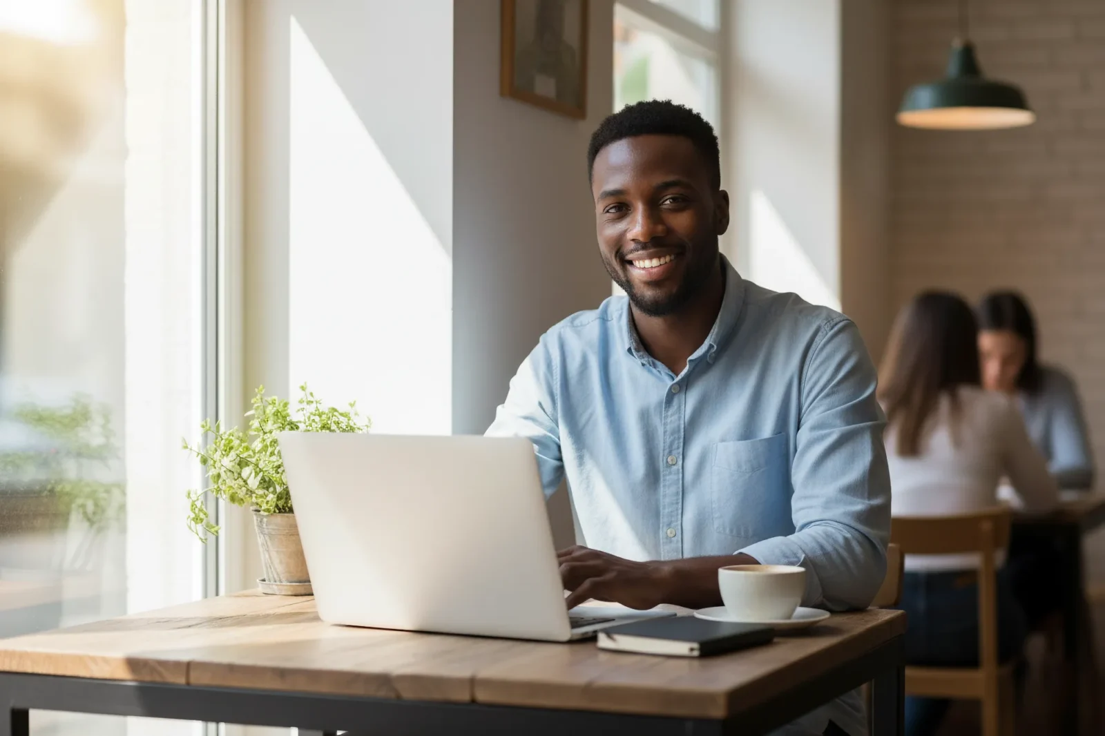 A man in a blue shirt with a positive expression looks up from his laptop while sitting at a bright, sunlit wooden table in a cafe.