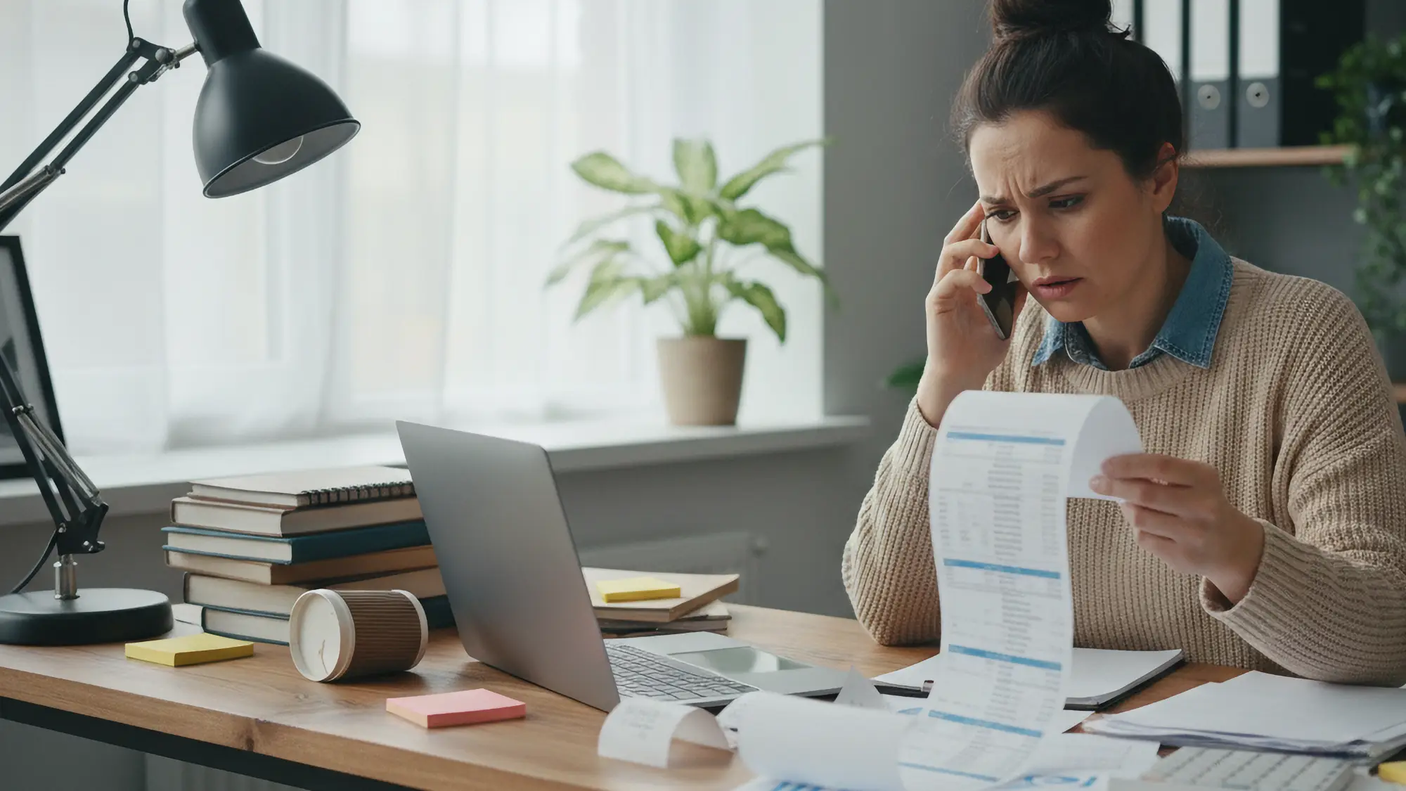 A woman with a worried expression holds a long receipt while speaking on a cell phone at a busy desk with a laptop and books.