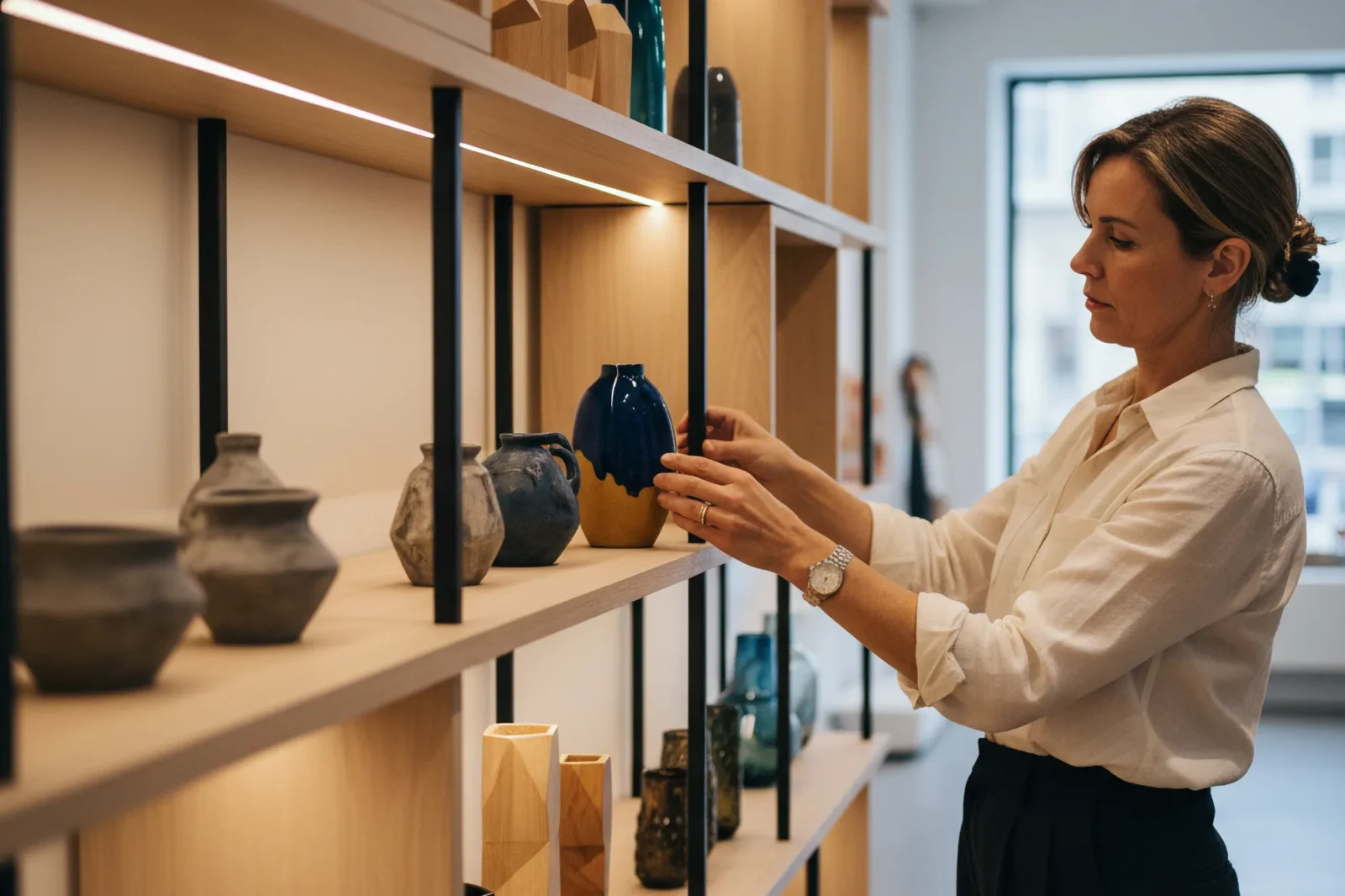 A female curator in a white collared shirt attentively adjusts a blue and yellow ceramic vase on an illuminated wooden shelf displaying various pottery pieces.