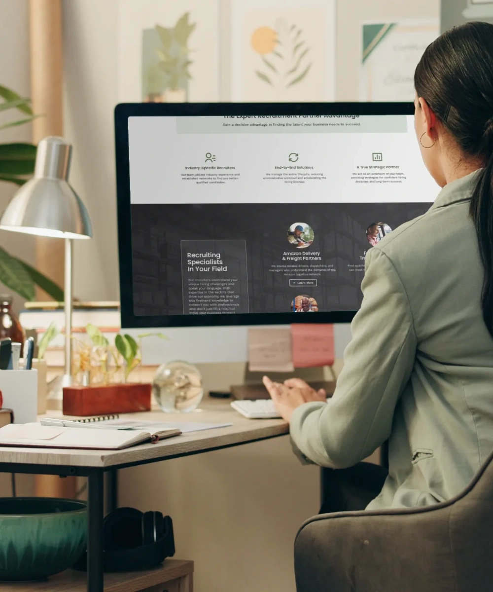 A woman in a light jacket sits at a modern desk typing on a keyboard, focused on a computer monitor displaying a corporate website demo.