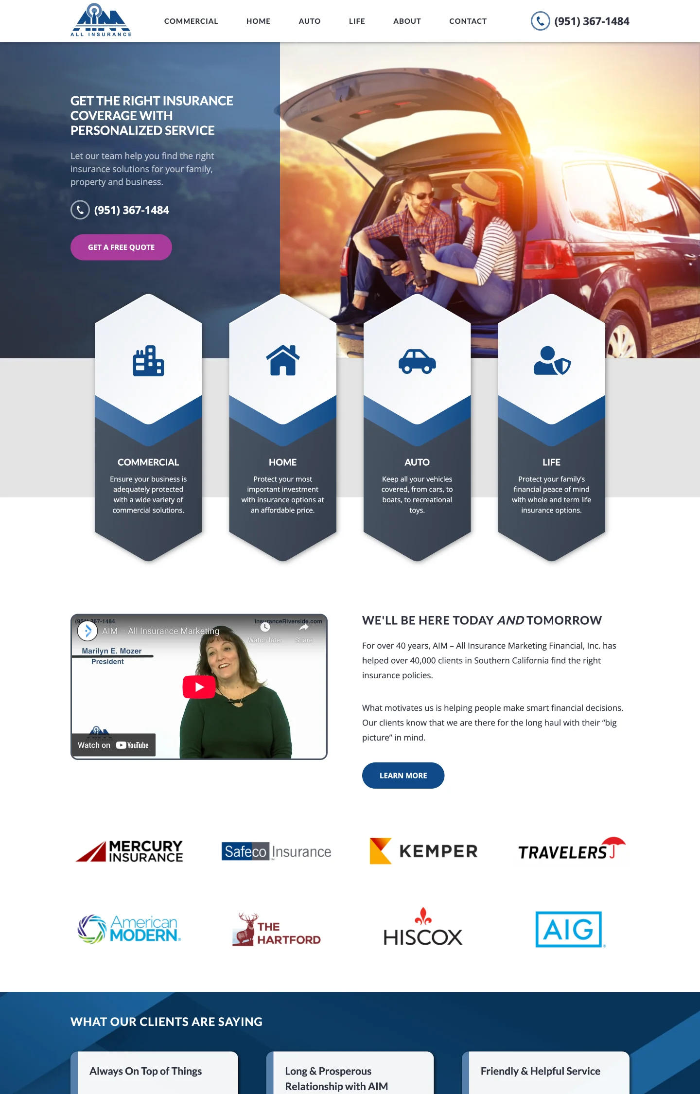 A homepage screenshot of a website designed for Aim All Insurance, featuring a smiling couple sitting in a car trunk and visual links to Commercial, Home, Auto, and Life insurance policies.