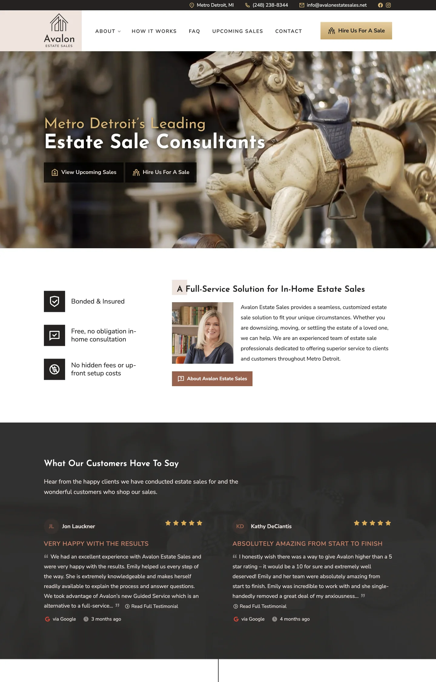 A homepage screenshot of a website designed for Avalon Estate Sales, featuring a dark banner image of a carousel horse, service bullet points, a smiling staff member headshot, and customer reviews.
