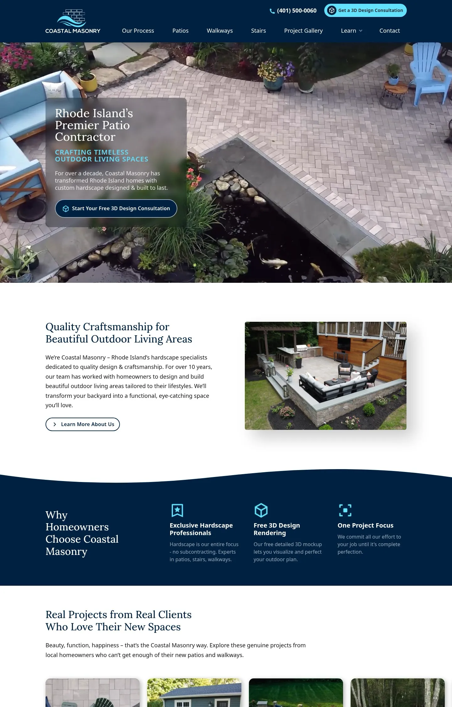 A homepage screenshot of a website designed for Coastal Masonry featuring a high-angle shot of a custom-designed outdoor patio featuring light-colored pavers, a blue outdoor sofa, and a black rock-lined koi pond with lush greenery.