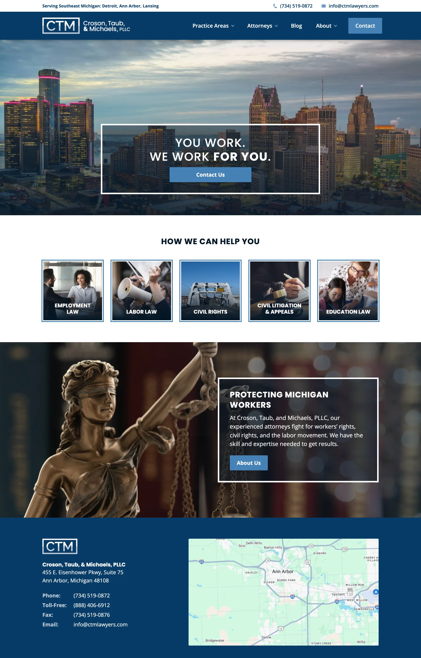 A homepage screenshot of a website designed for CTM Croson, Taub, And Michaels, PLLC, featuring a dark blue theme, the Detroit skyline, categorized practice areas, and a prominent image of the Lady Justice statue.