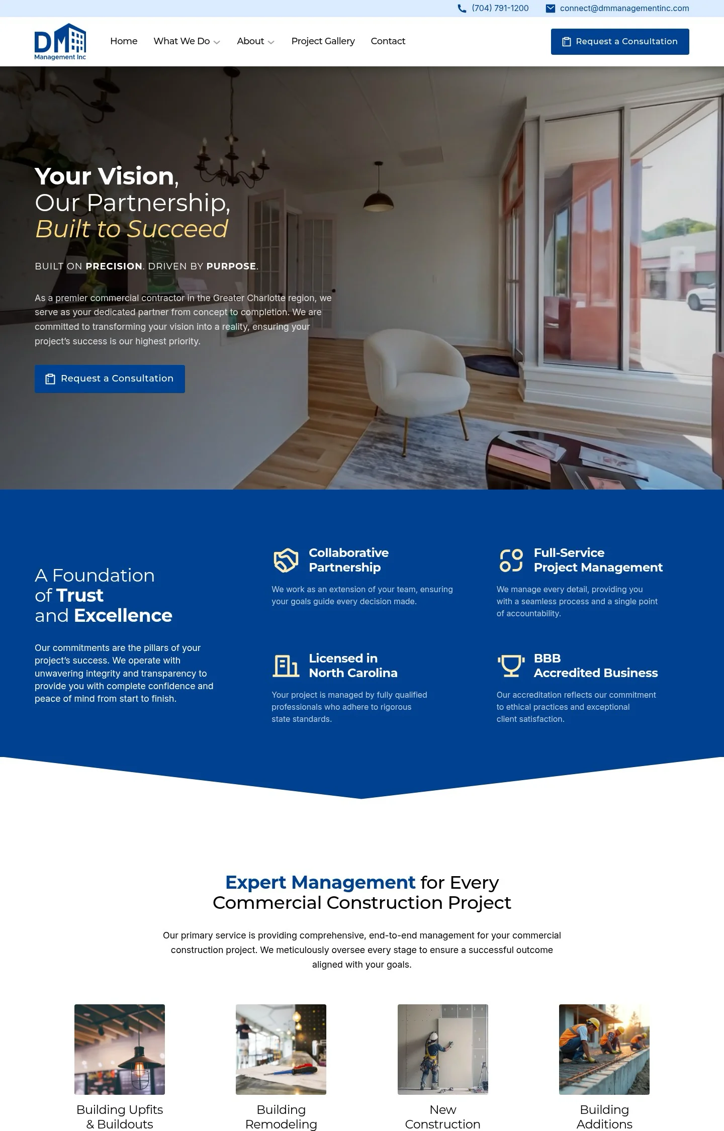 A homepage screenshot of a website designed for DM Management,Inc, featuring a modern, well-lit interior space with white seating and large windows to convey quality construction.