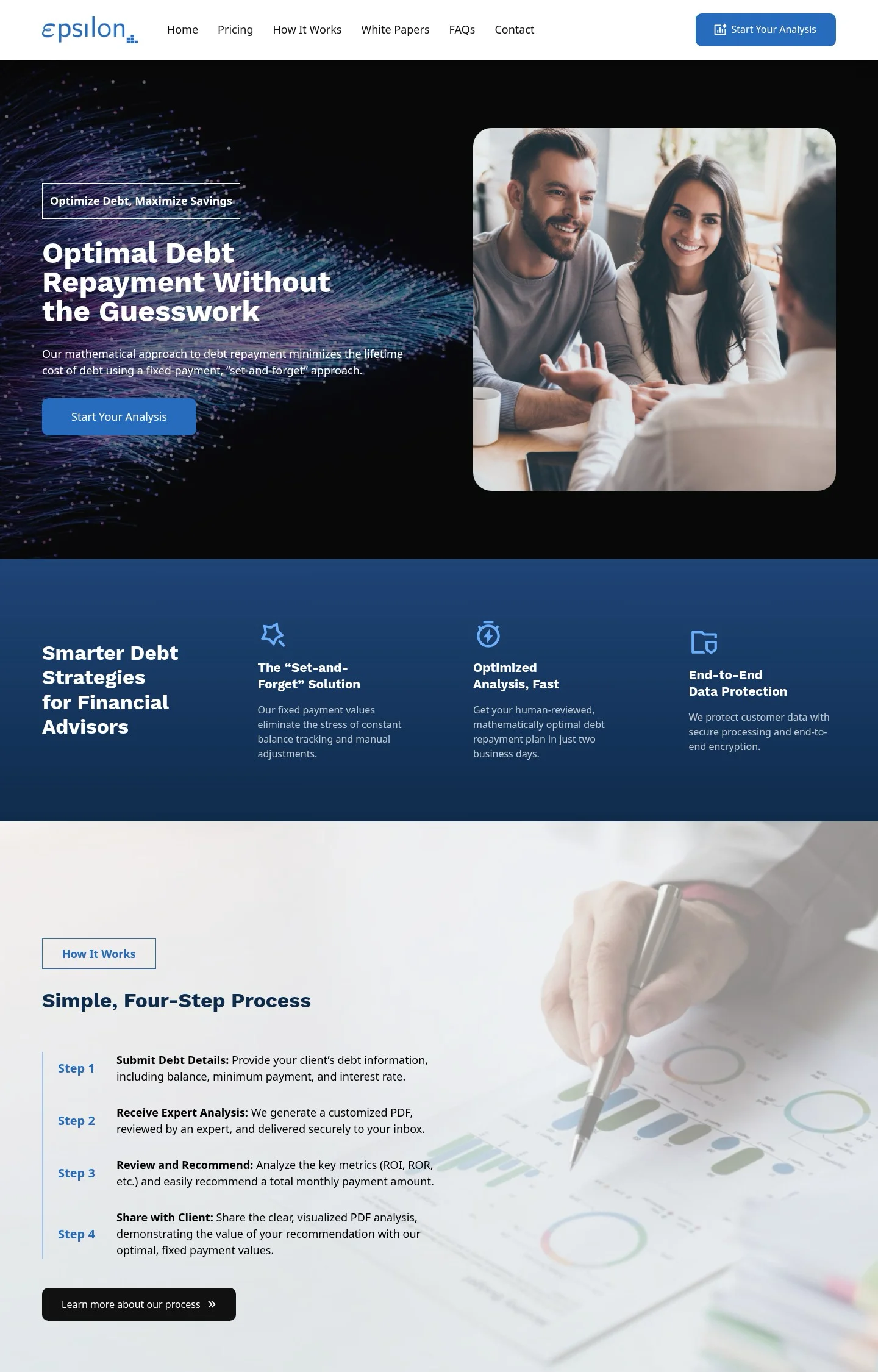 A homepage screenshot of a website designed for Epsilon's debt analysis service. Visuals include two clients smiling at their financial advisor, key features listed, and a hand reviewing data reports.