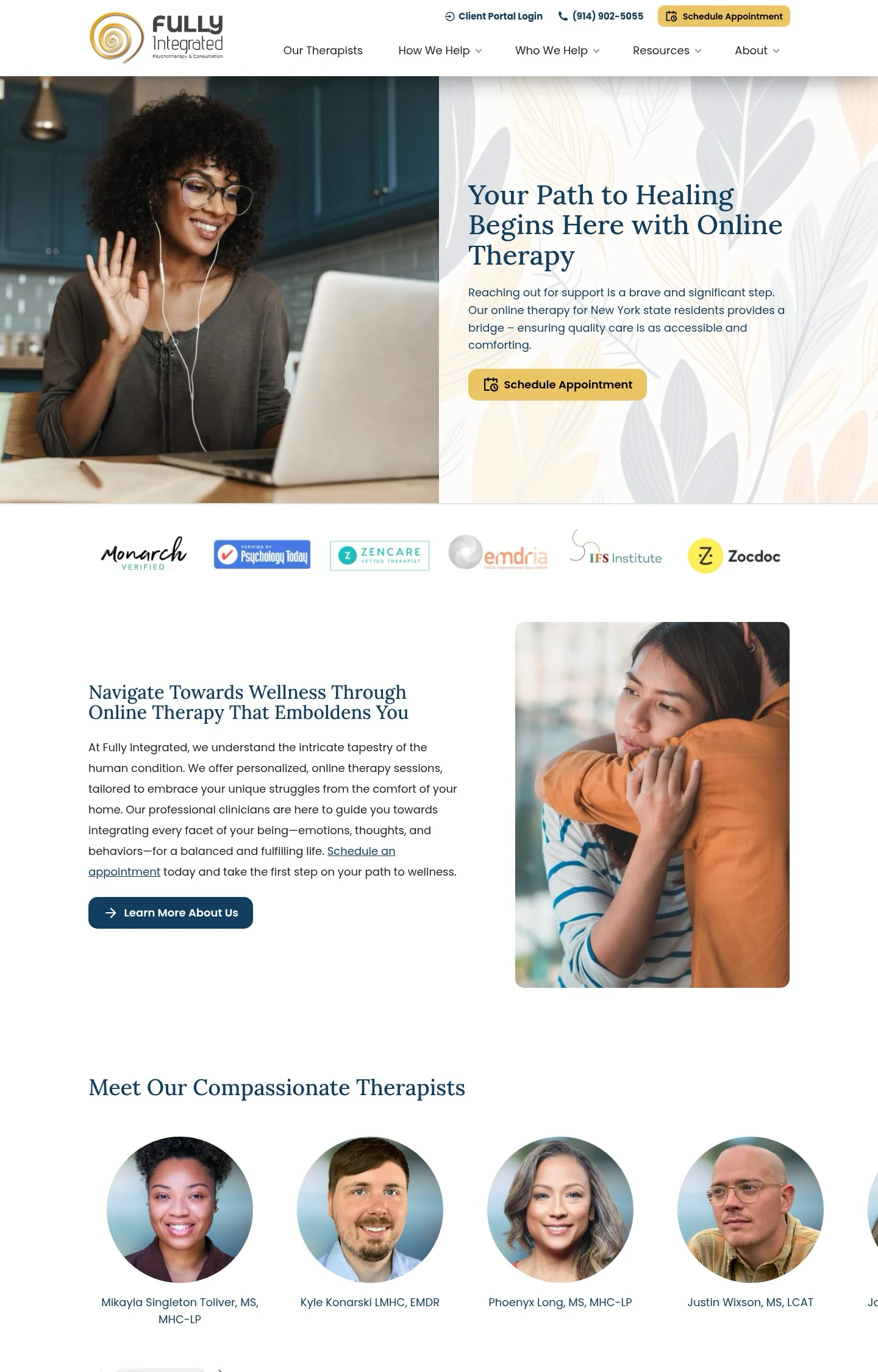 A homepage screenshot of a website designed for Fully Integrated Therapy featuring a smiling therapist using a laptop and headset to show the ease of accessible online counseling.