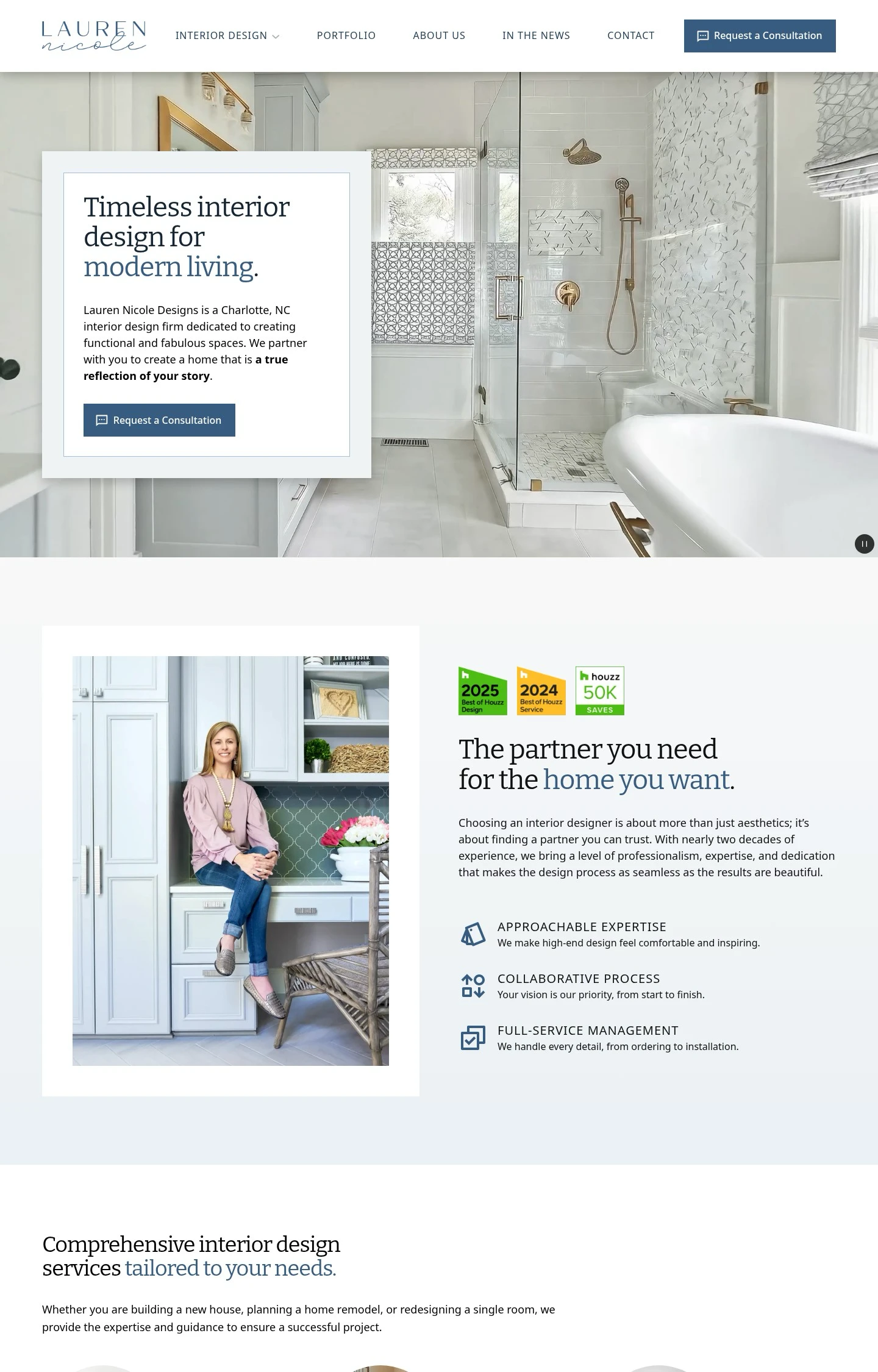A homepage screenshot of a website designed for Lauren Nicole Designs featuring a luxurious white bathroom with gold fixtures and a separate photo of the designer smiling.