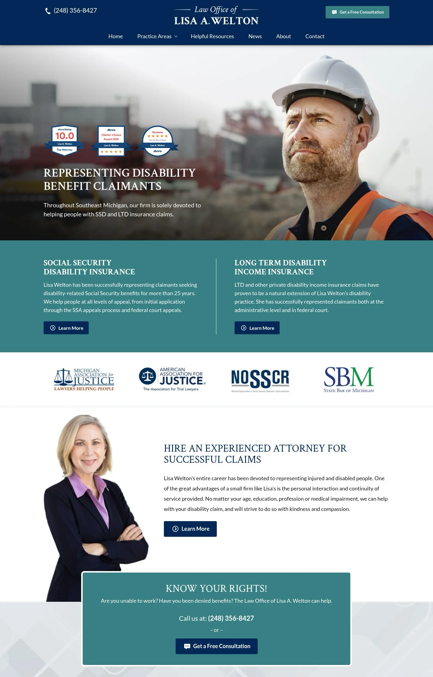 A homepage screenshot of a website designed for the Law Office of Lisa A. Welton. The hero section features a male construction worker wearing a white hard hat and orange safety vest looks upward with a focused expression against a blurred industrial background.