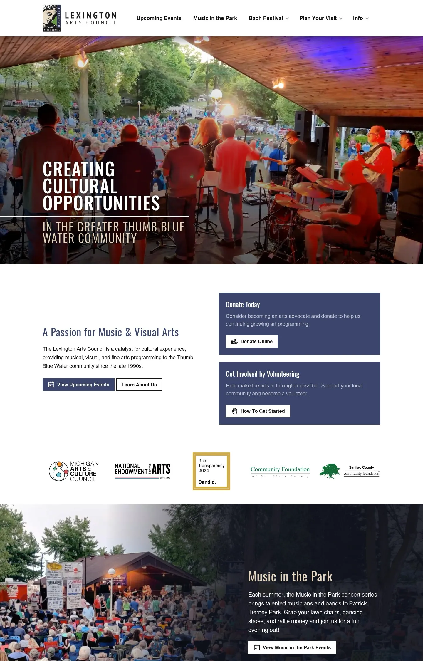 A homepage screenshot of a website designed for the Lexington Arts Council featuring a band on an outdoor covered stage, viewed from behind, facing a very large crowd seated on the grass in a park at dusk.