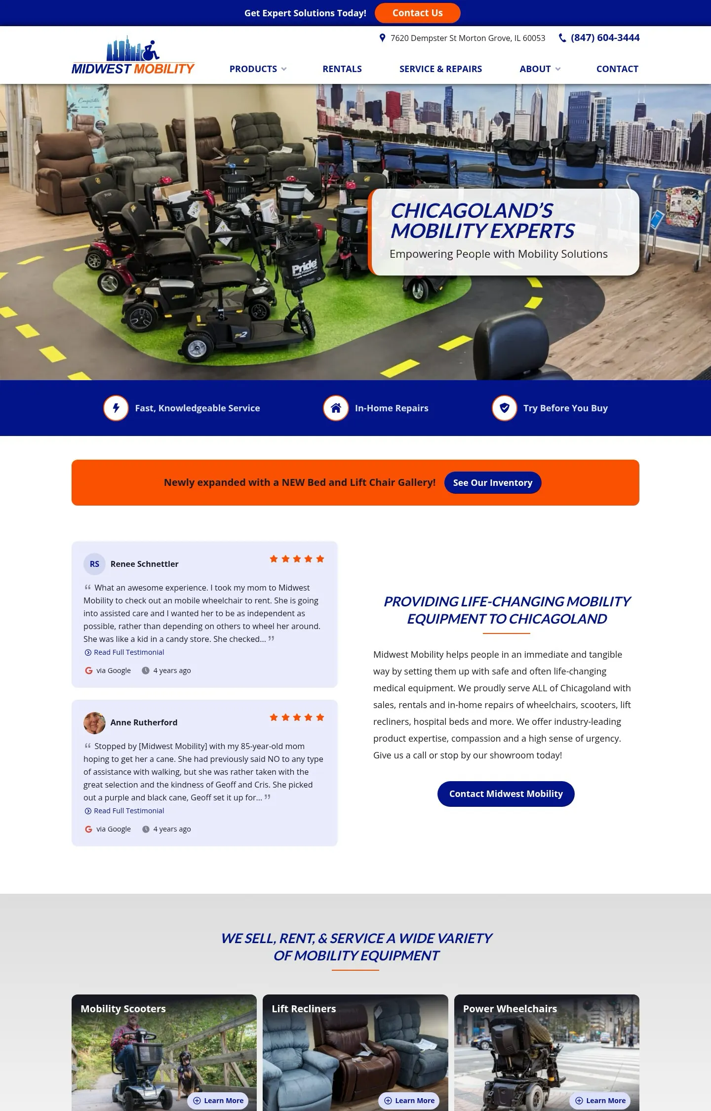 A homepage screenshot of a website designed for Midwest Mobility. The hero section features the interior of a bright mobility equipment showroom with several types of scooters and power wheelchairs on a green test track, with lift recliners visible behind them.