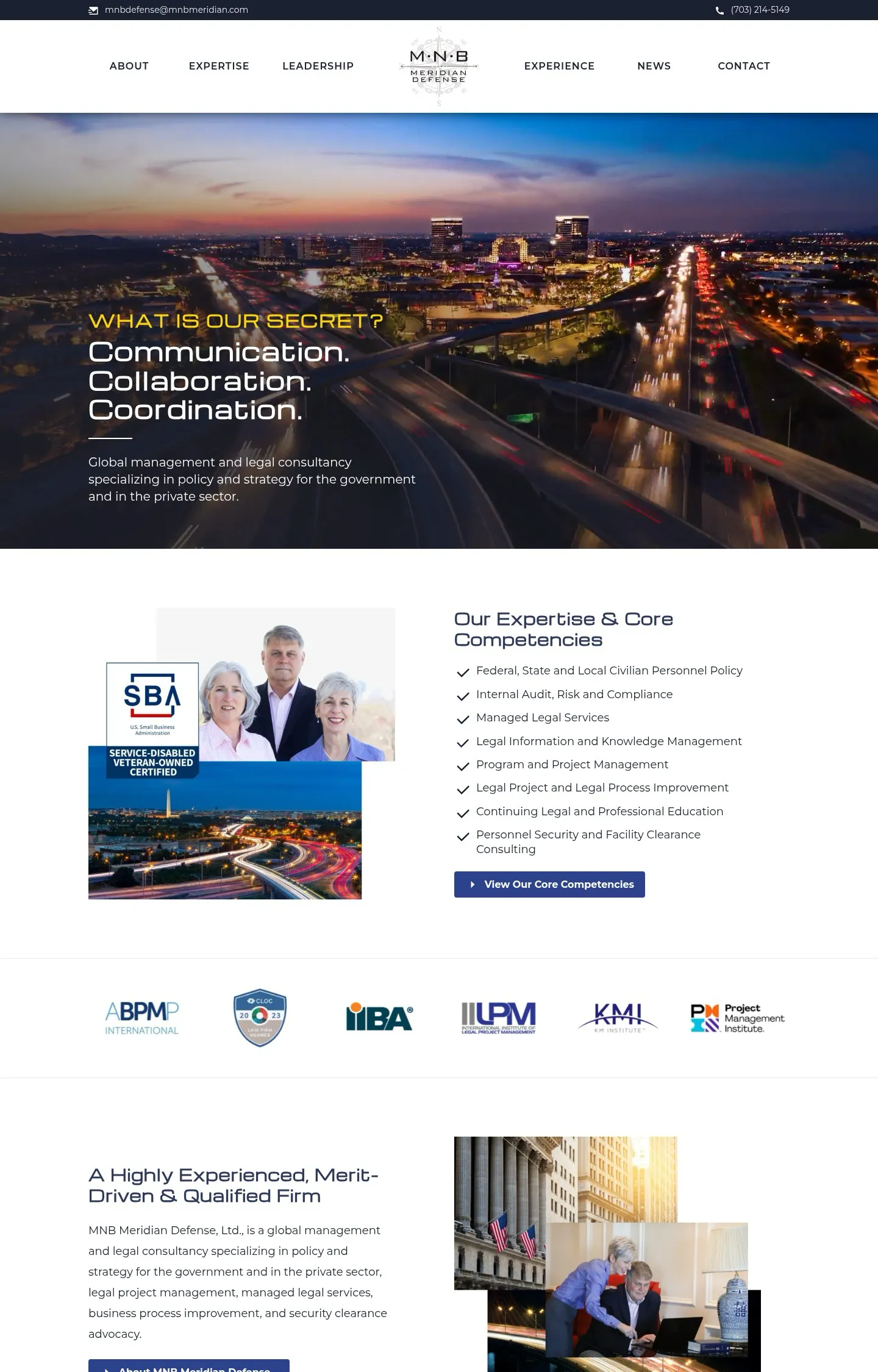 A homepage screenshot of a website designed for MNB Meridian Defense, featuring a dramatic aerial night view of a busy city highway overlaid with "Communication. Collaboration. Coordination."