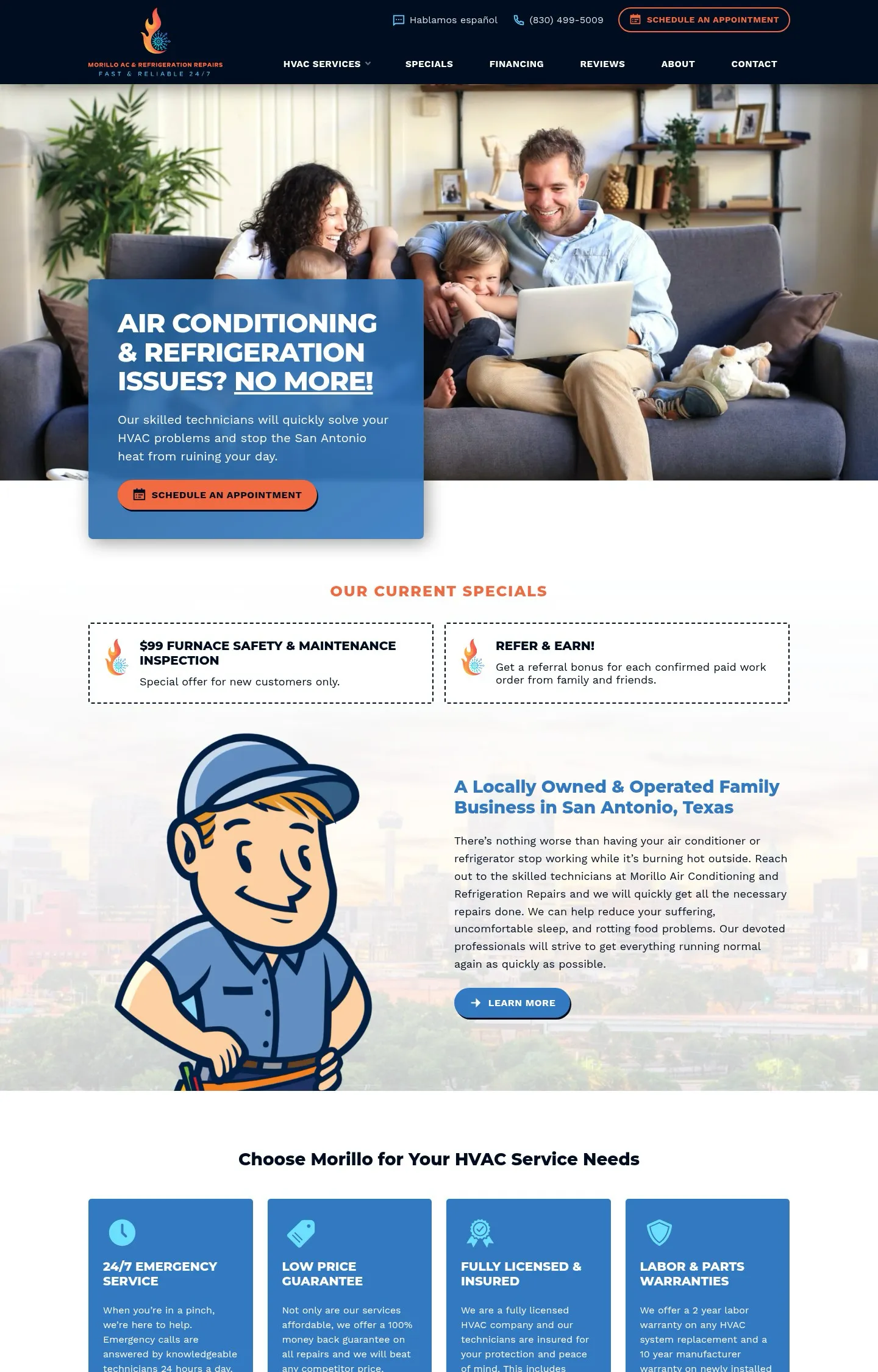 A homepage screenshot of a website designed for Morillo HVAC, featuring a happy family relaxing on a couch and an illustration of a friendly technician.