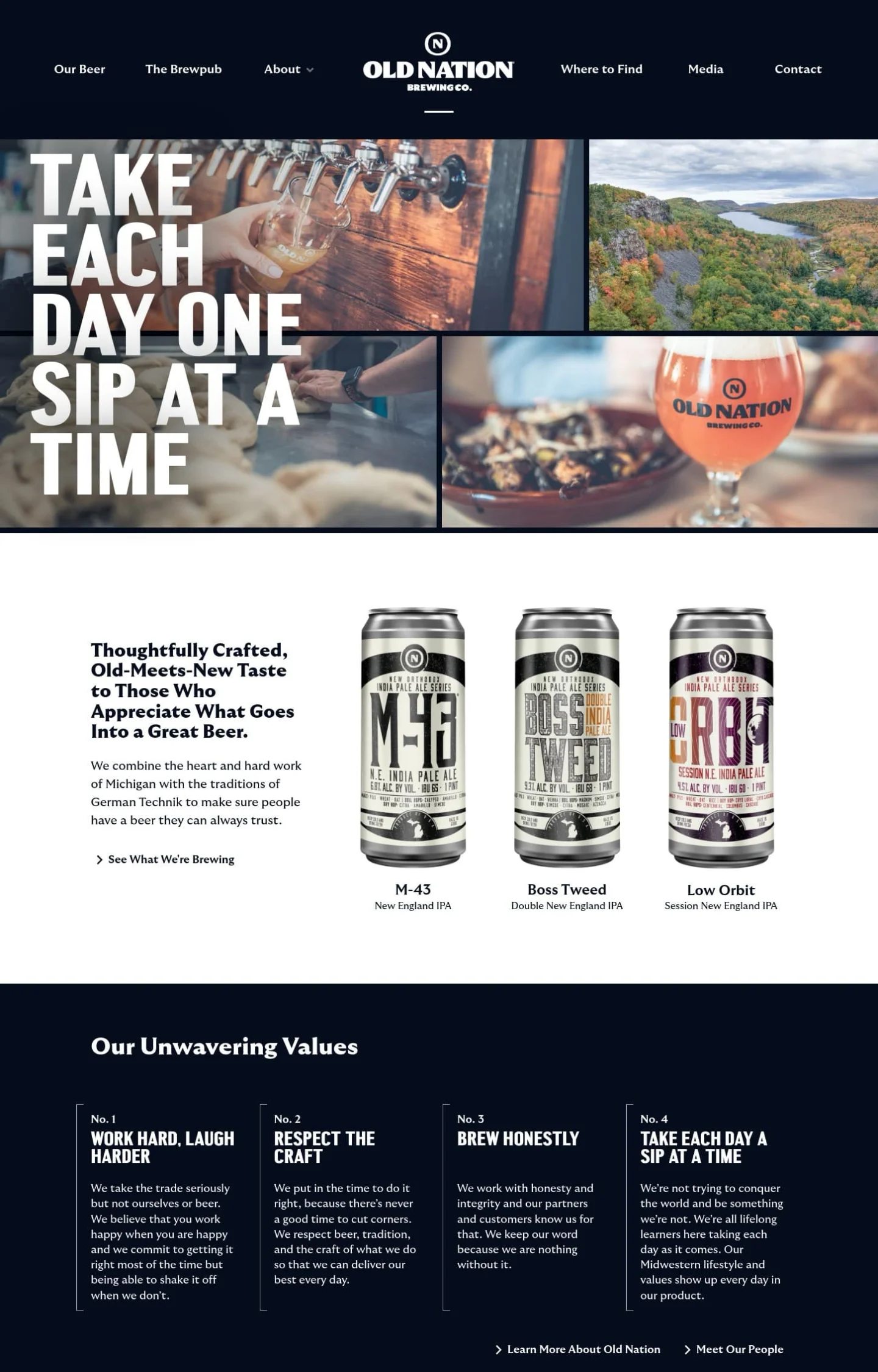 A homepage screenshot of a website designed for Old Nation Brewing Co., featuring a hero banner of beer taps and the phrase "TAKE EACH DAY ONE SIP AT A TIME," alongside product cans and company values.