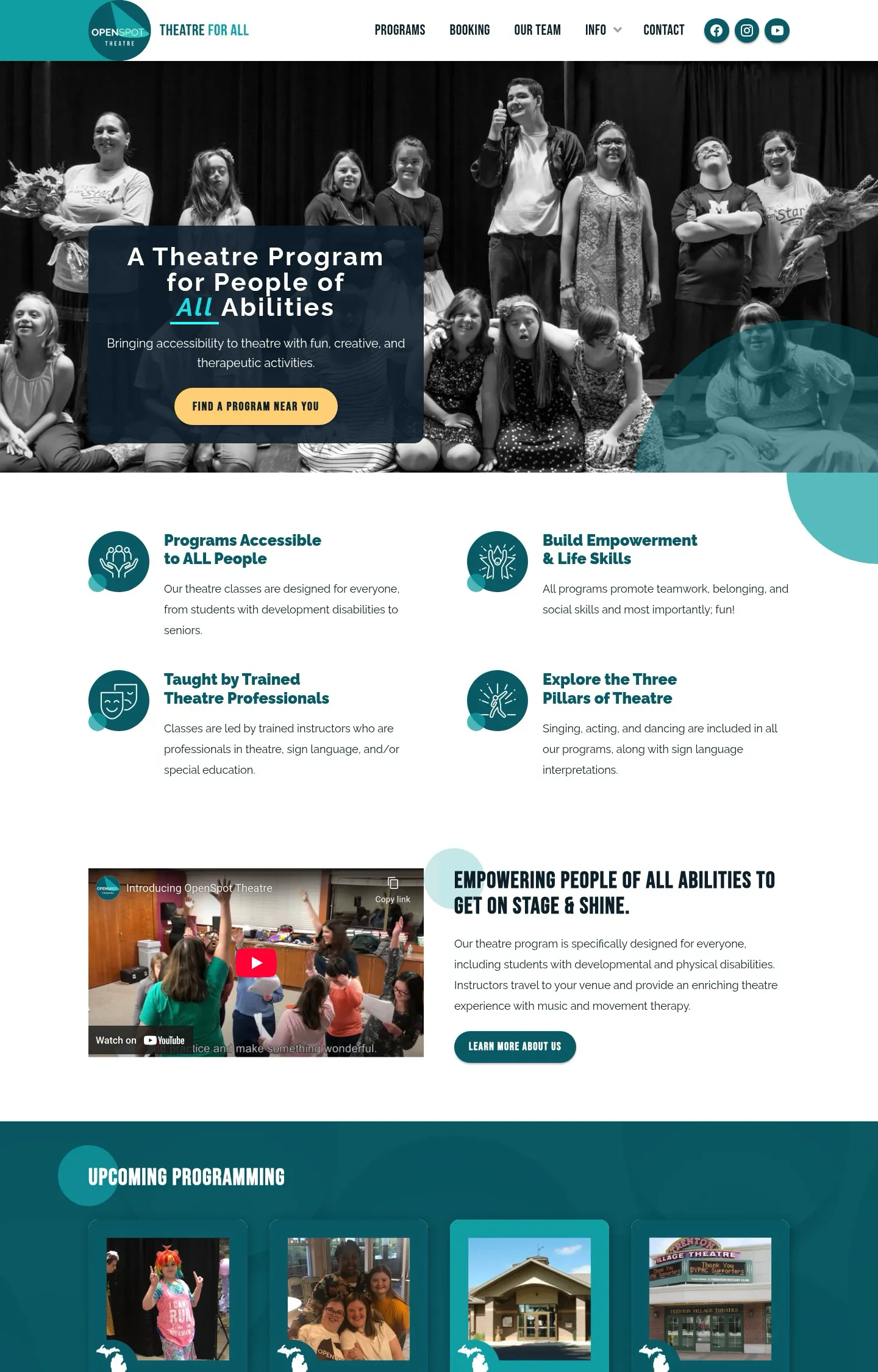 A homepage screenshot of a website designed for openSpot Theatre featuring a diverse group of theatre performers of all ages and abilities stands on a stage, smiling and looking up excitedly, celebrating their performance.