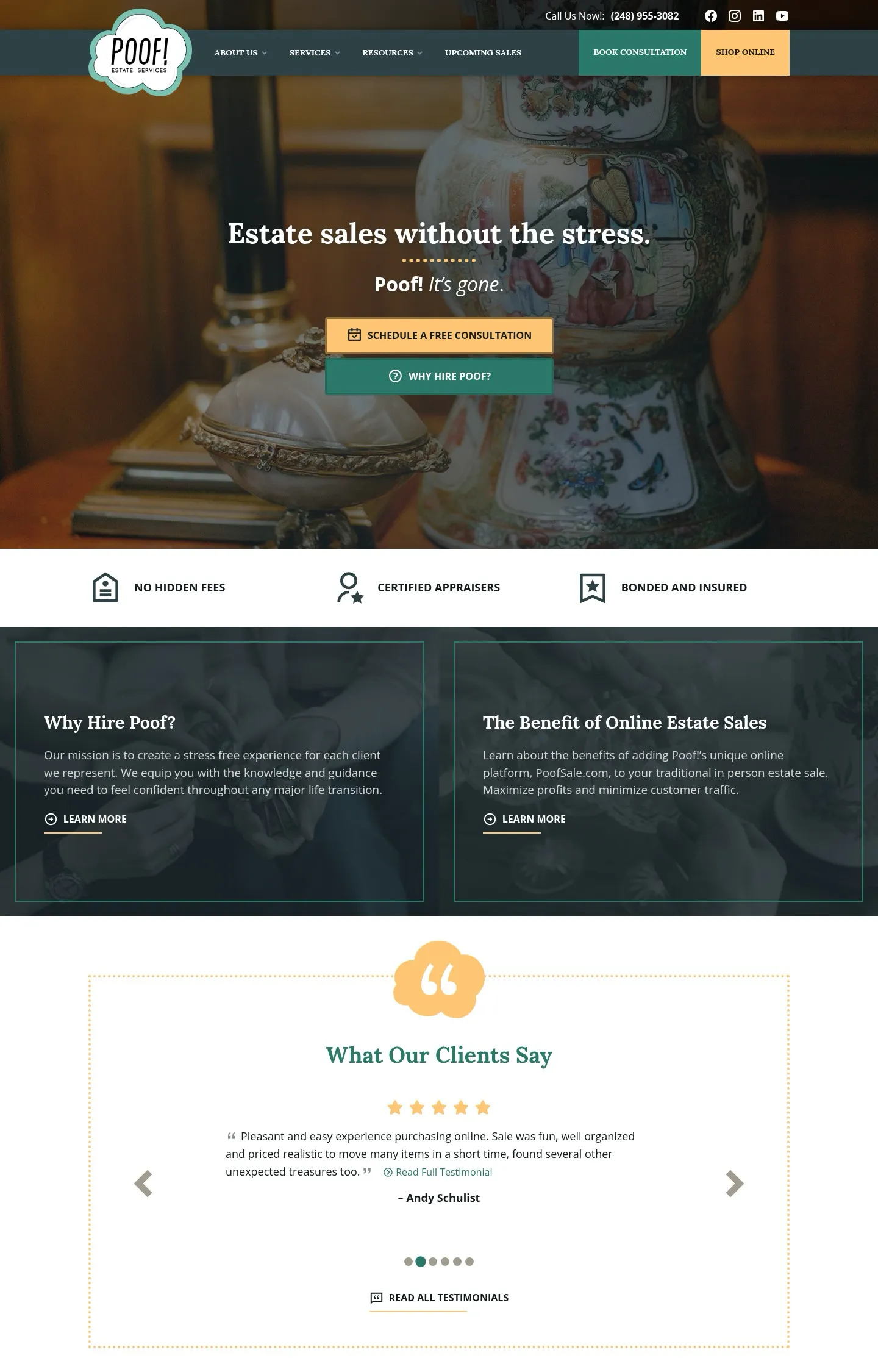 A homepage screenshot of a website designed for Poof! Estate Services. The hero section features a dark image of antique ceramic objects, including a large painted vase, overlaid with the headline "Estate sales without the stress." The site is structured with service icons and informational blocks.