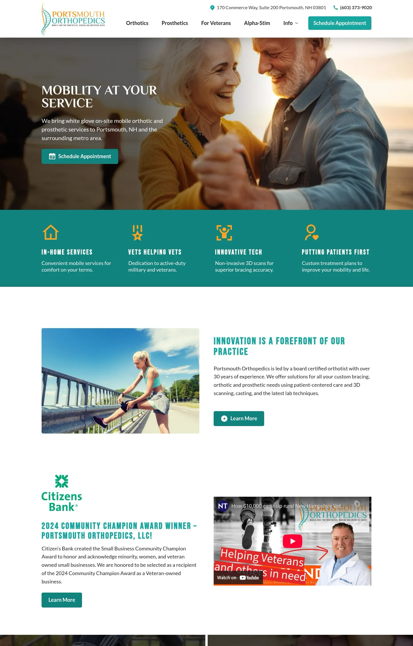 A homepage screenshot of a website designed for Portsmouth Orthopedics, displaying the header, hero image of two seniors, service features, and content sections.