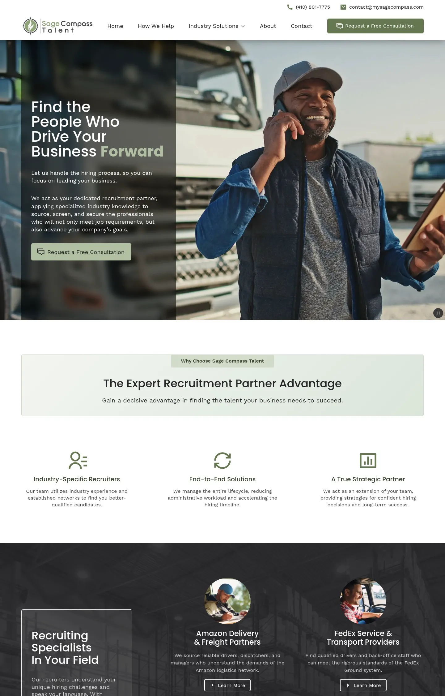 A homepage screenshot of a website designed for Sage Compass Talent. The hero section features a logistics worker with a broad smile standing in front of a semi-truck trailer holding a tablet.