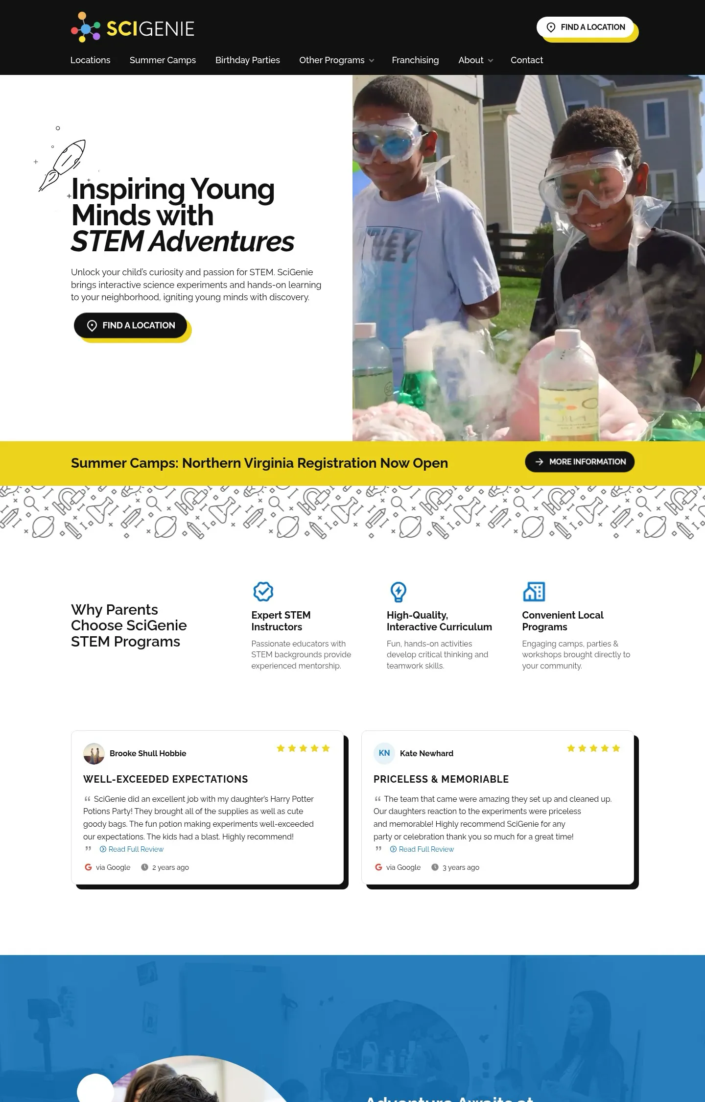 A homepage screenshot of a website designed for SciGenie, featuring two young boys wearing goggles smile while watching a science experiment involving steaming liquid outdoors followed by a summer camps banner, company values, and testimonials.
