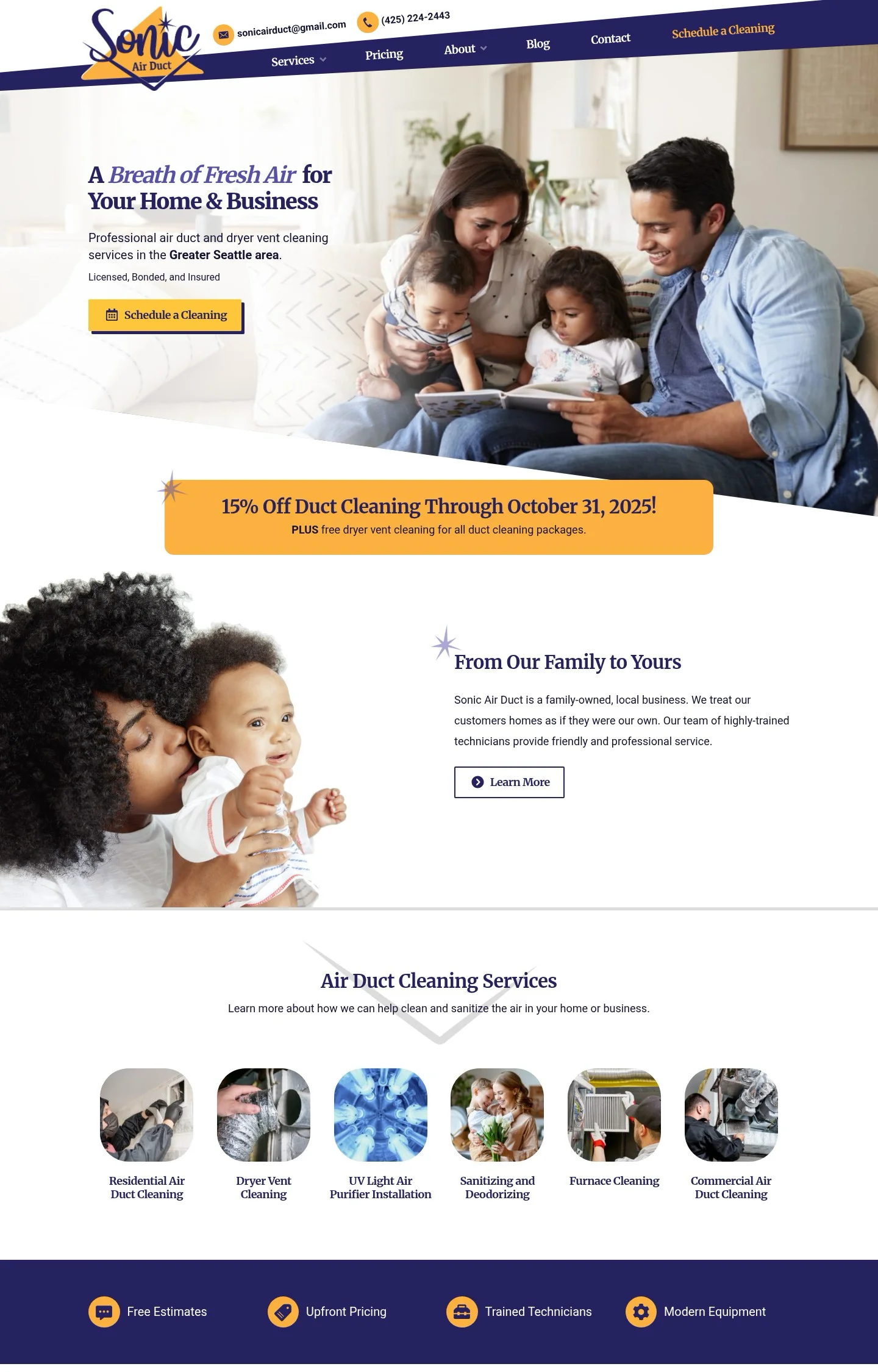 A homepage screenshot of a website designed for Sonic Air Duct, an air duct cleaning service, featuring family photos and six icons detailing specific services.