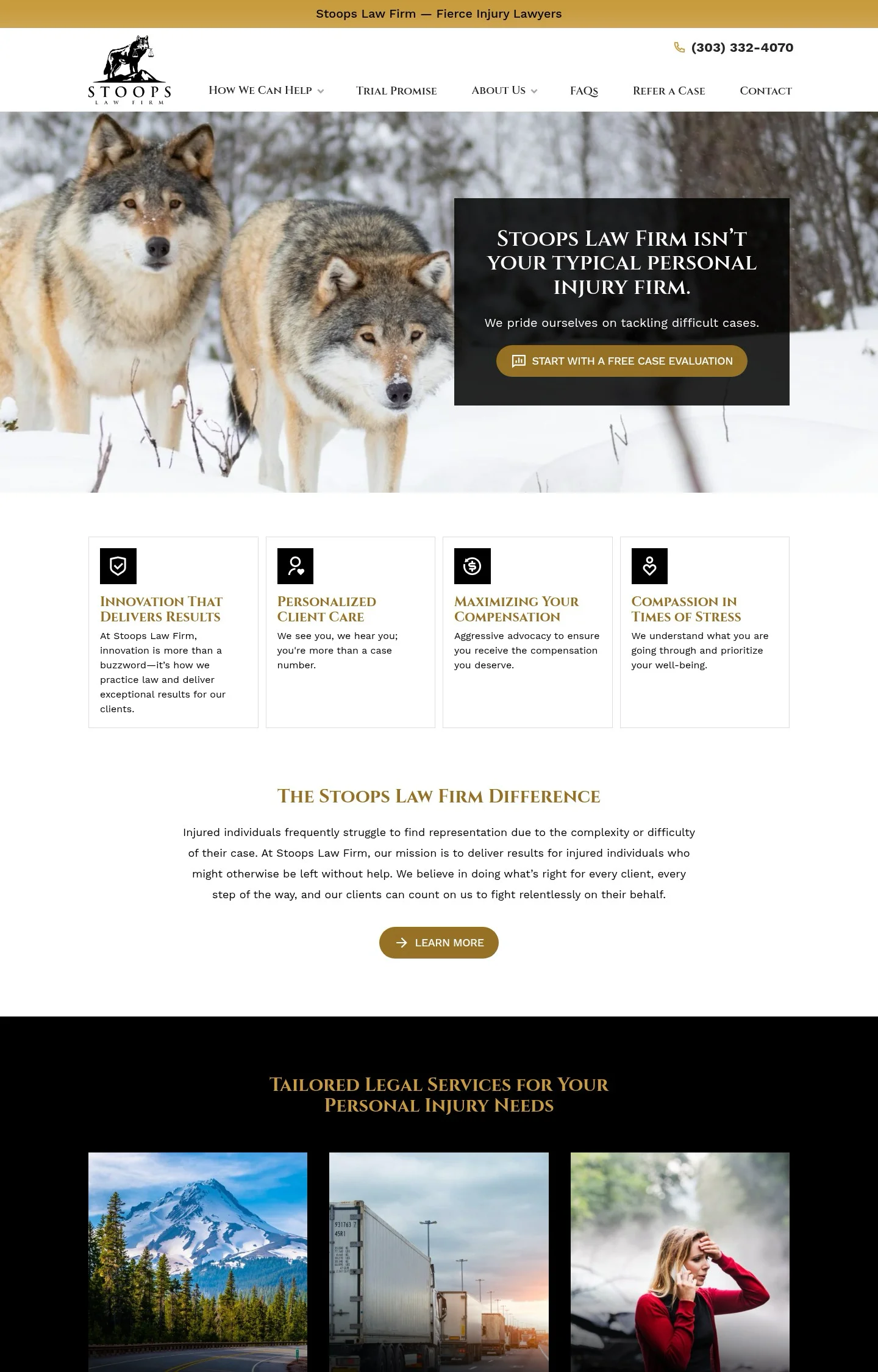 A homepage screenshot of a website designed for Stoops Law Firm featuring a photo of two powerful gray wolves stand side-by-side in a snowy, wooded environment, along with four boxes of value propositions and services pictures.