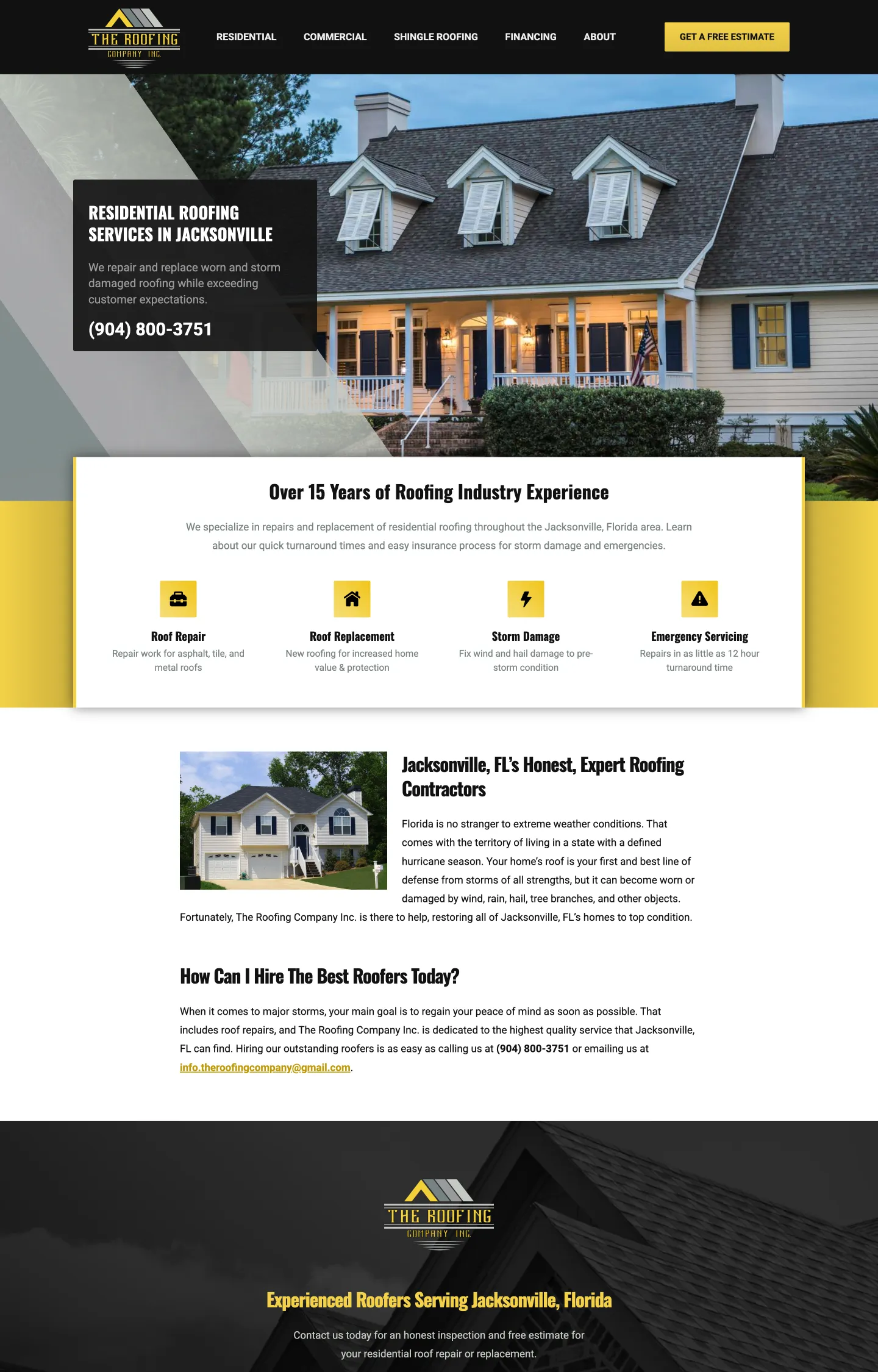A homepage screenshot of a website designed for The Roofing Company, featuring a hero image of a residential home, navigation, and service details.