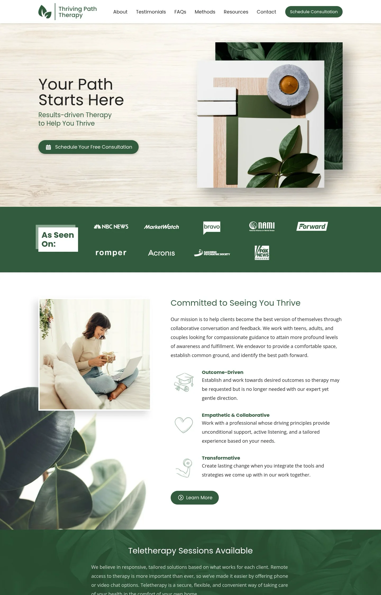 A homepage screenshot of a website designed for Thriving Path Therapy, showing a clean design, navigation, mission statement, logos, and a calm, nature-themed visual collage.