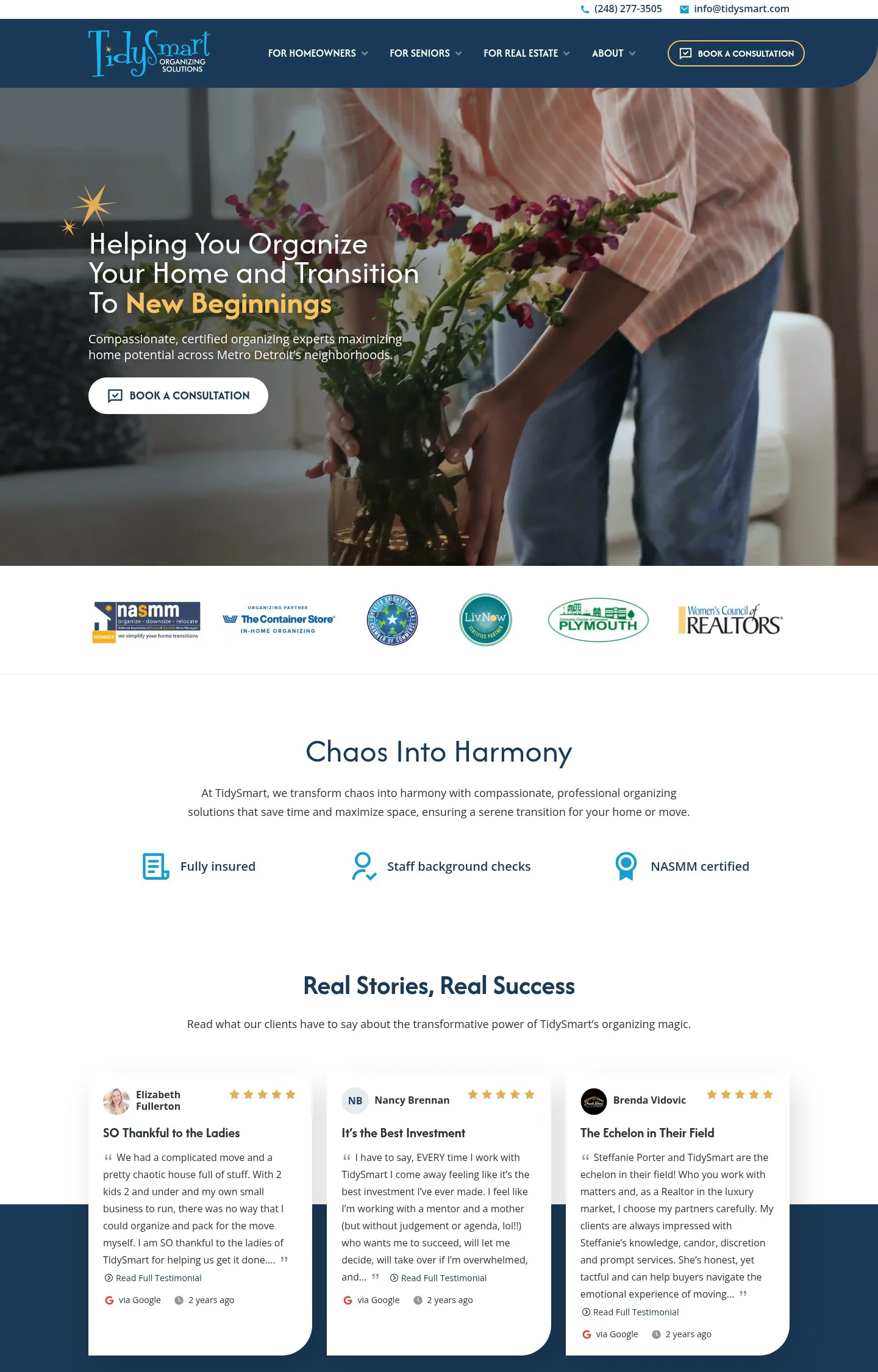 A website homepage screenshot designed for TidySmart Organizing Solutions featuring a person gently placing pink and white flowers into a clear vase, various association logos, and a row of three reviews.