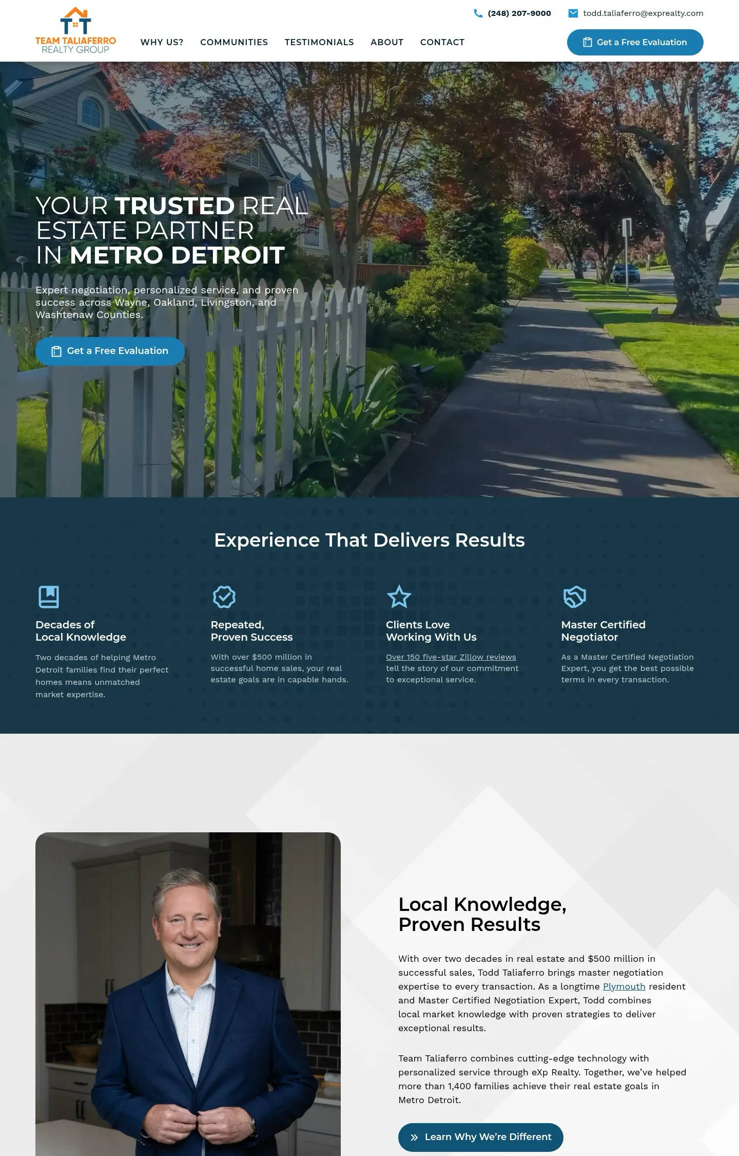 A homepage screenshot of a website designed for Todd Taliaferro Realty Group. The design includes a hero photo of a residential street, four highlighted expertise points, and a large headshot of the principal agent.